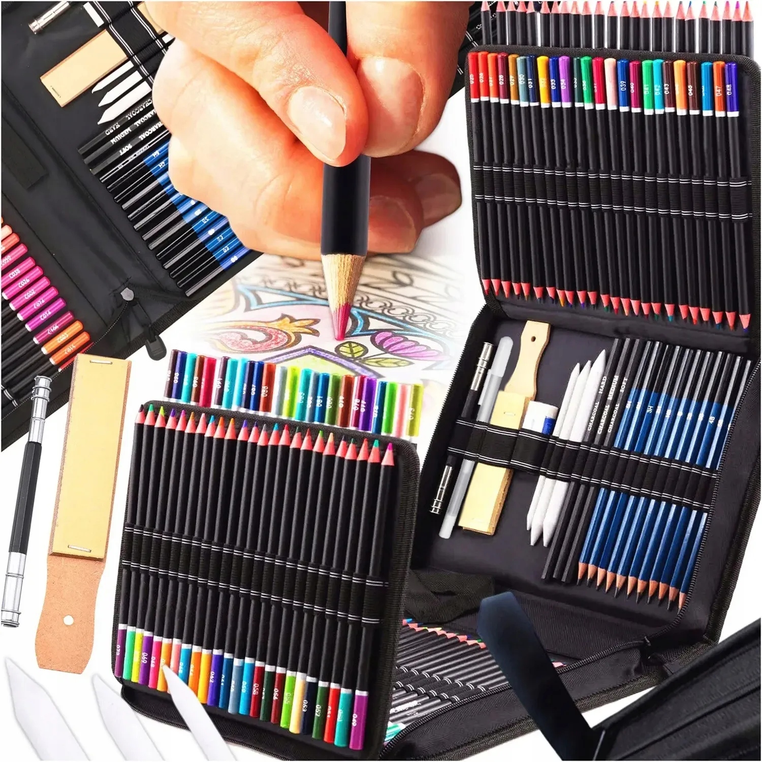 НАБОР ДЛЯ РИСОВАНИЯ ЭСКИЗОВ ПРОФЕССИОНАЛЬНЫЙ 145 ЭЛЕМЕНТОВ МЕЛКИ КАРАНДАШИ