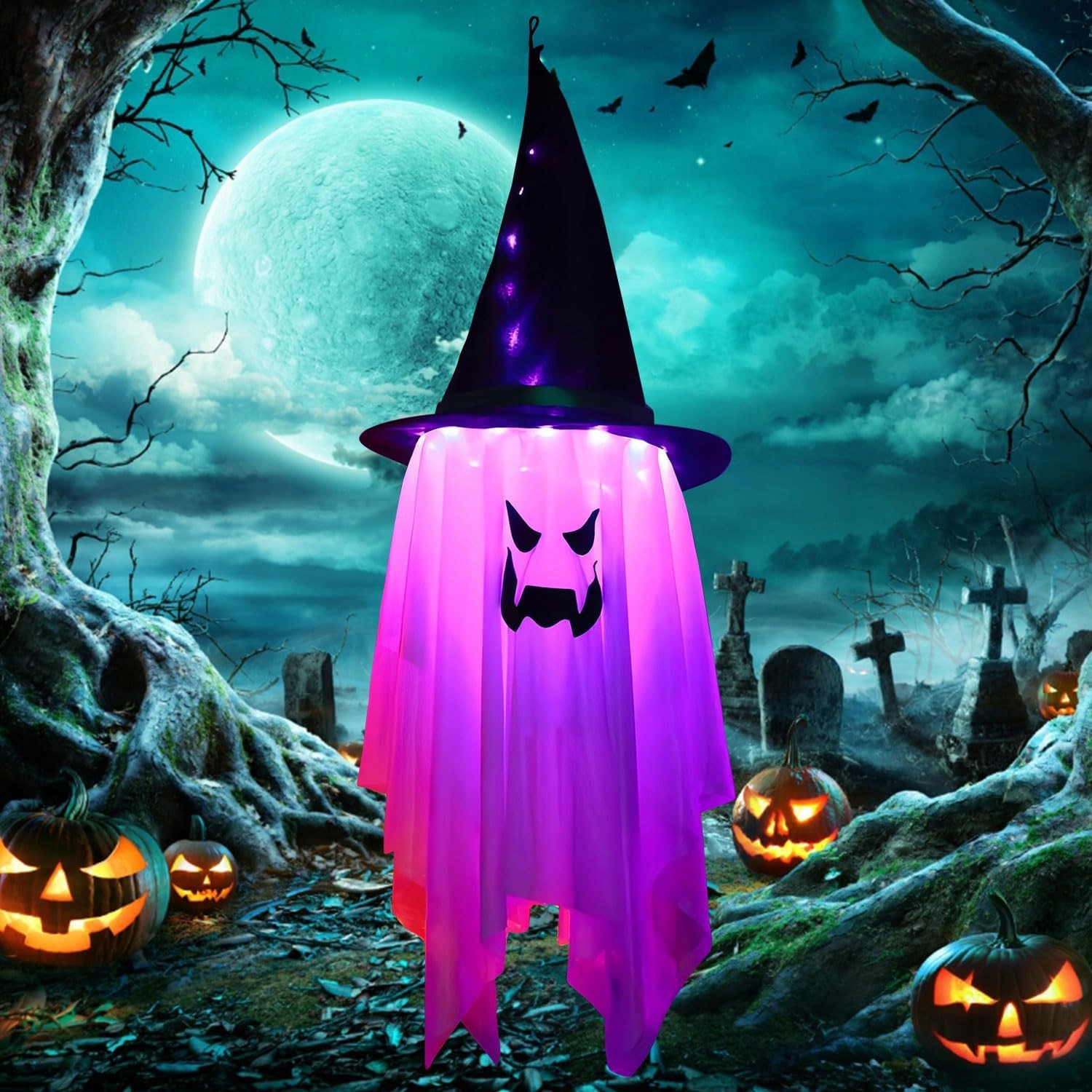 Sunshine Smile Závěsná halloweenská dekorace Klobouk čarodějnice s Led