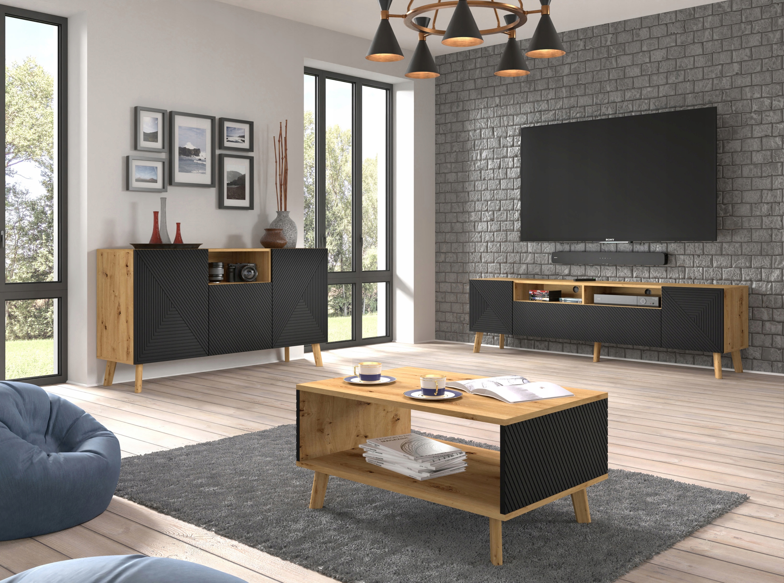 Szafka RTV LUXI 195 cm dąb artisan / czarny mat