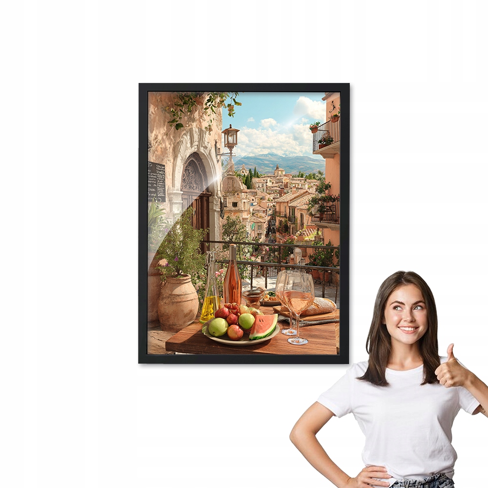Obraz z ramką wzór Włoskie Miasteczko +czarna ramka 50x70 do kuchni