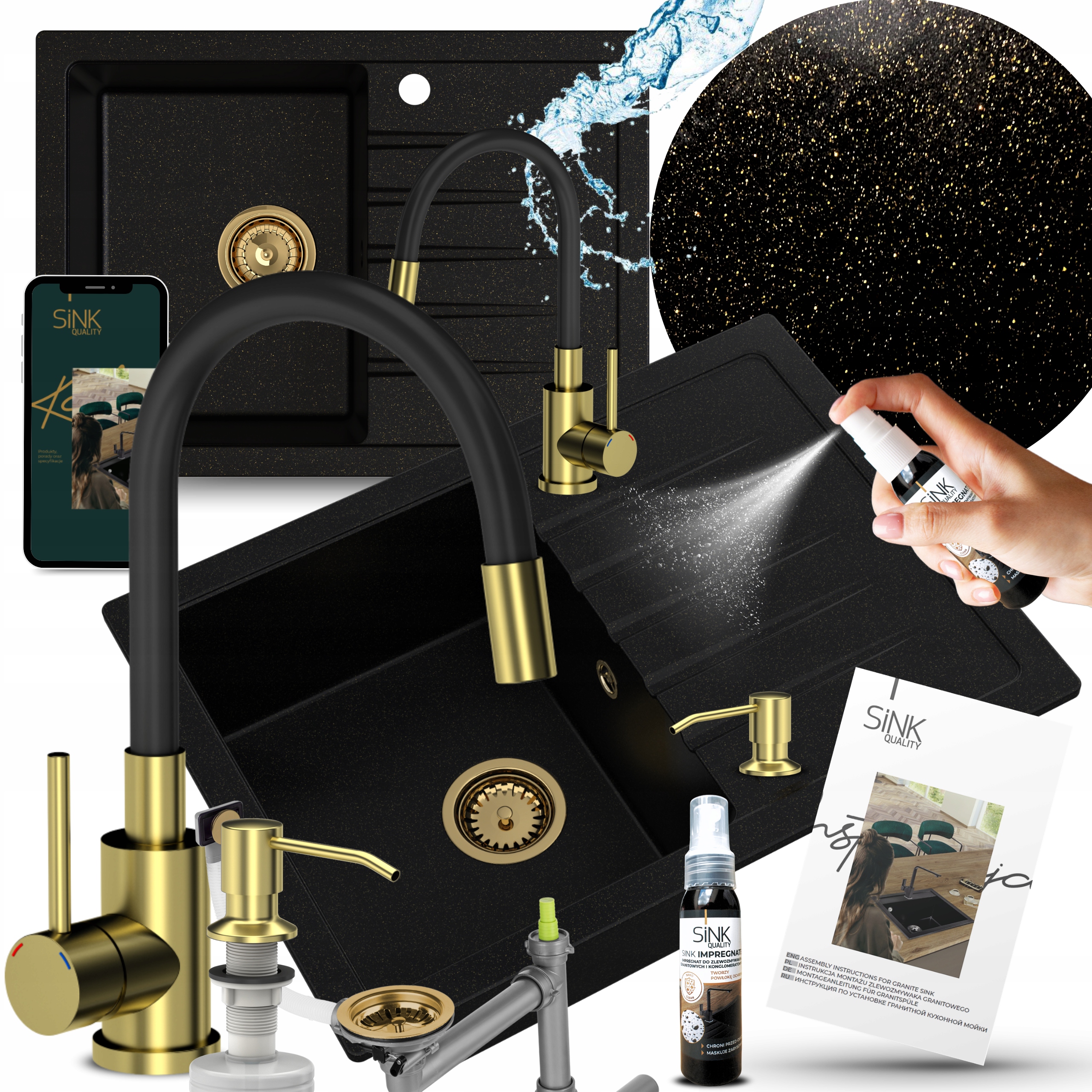 Sada Granitových Dřezů Zlatá S Odkapávačem Jednokomorová Baterie 9v1
