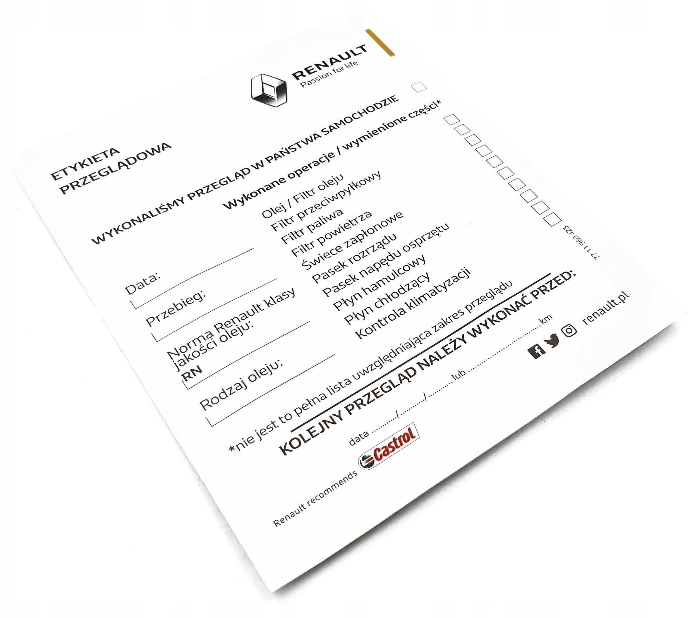 ZAWIESZKA WYMIANY OLEJU OLEJ SERWISOWA RENAULT ORG EAN (GTIN) 9999999999