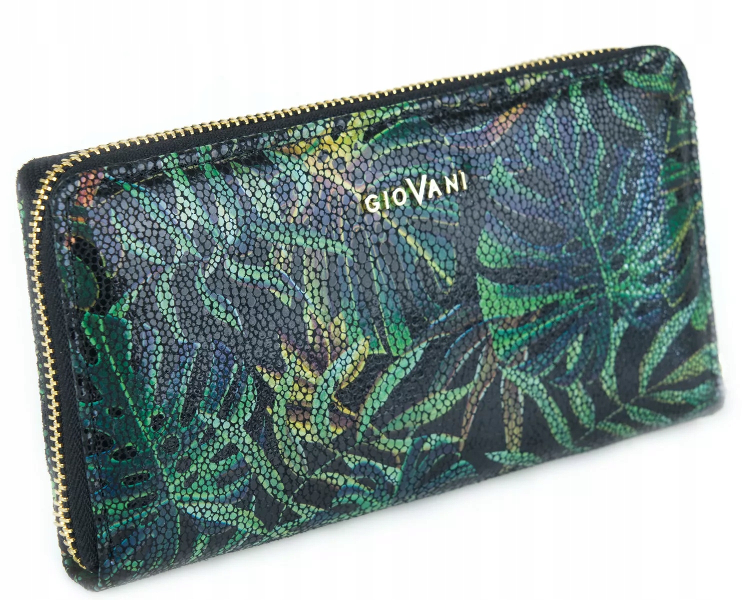Dámská velká kožená peněženka Agnese Giovani Rfid na zip, listy, tmavě zelená