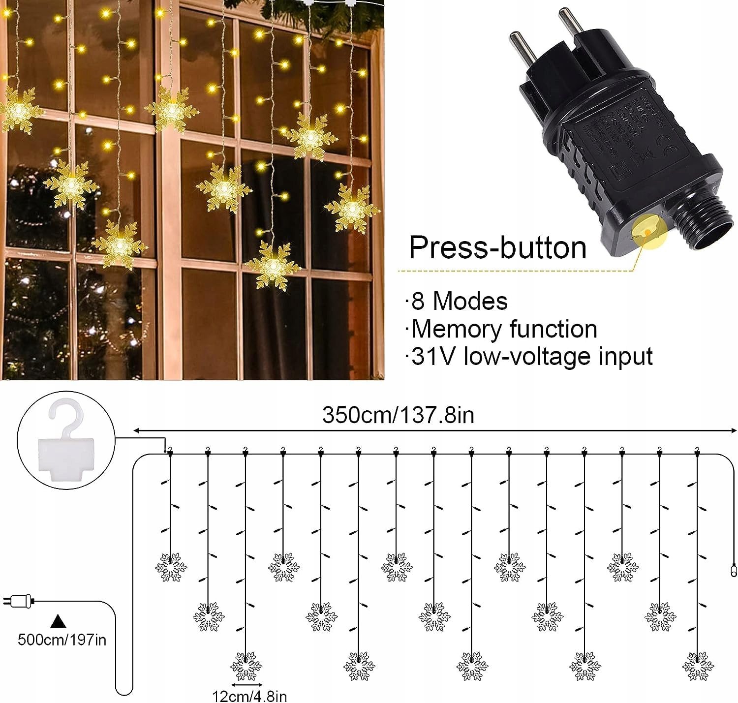 Eleuth Lampki Świąteczne Płatki Śniegu Kurtyna Świetlna 96 Led Dekoracja — miniatura 6