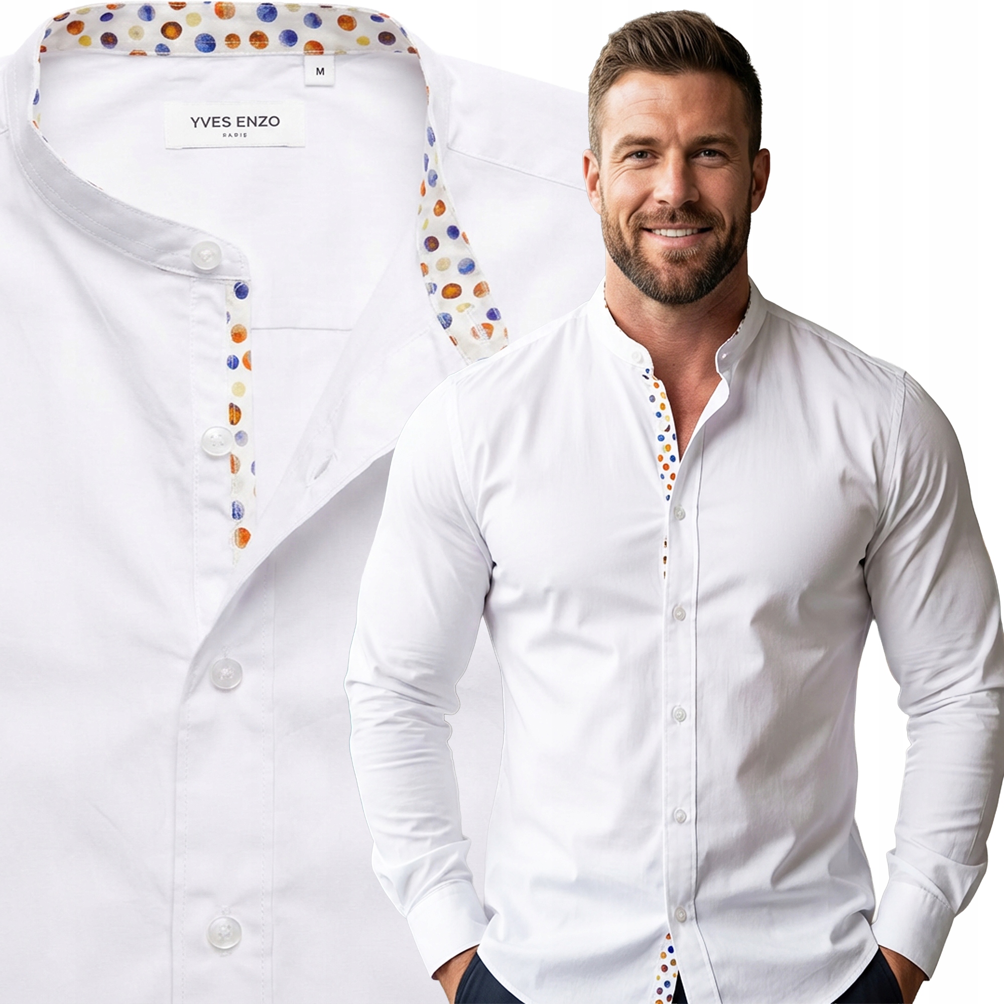 Koszula bez kołnierza Stójka Bawełniana Slim Fit Yves Enzo Paris Taliowana