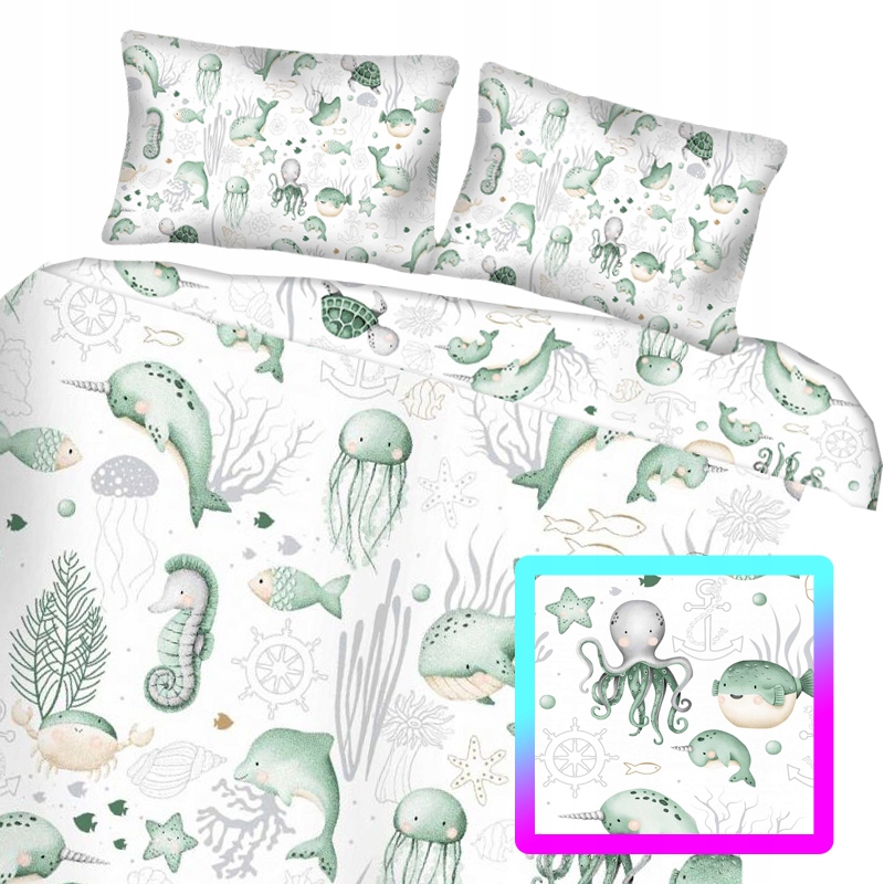 

Pościel biała ocean zieleń rybki jasna 160x200 cm