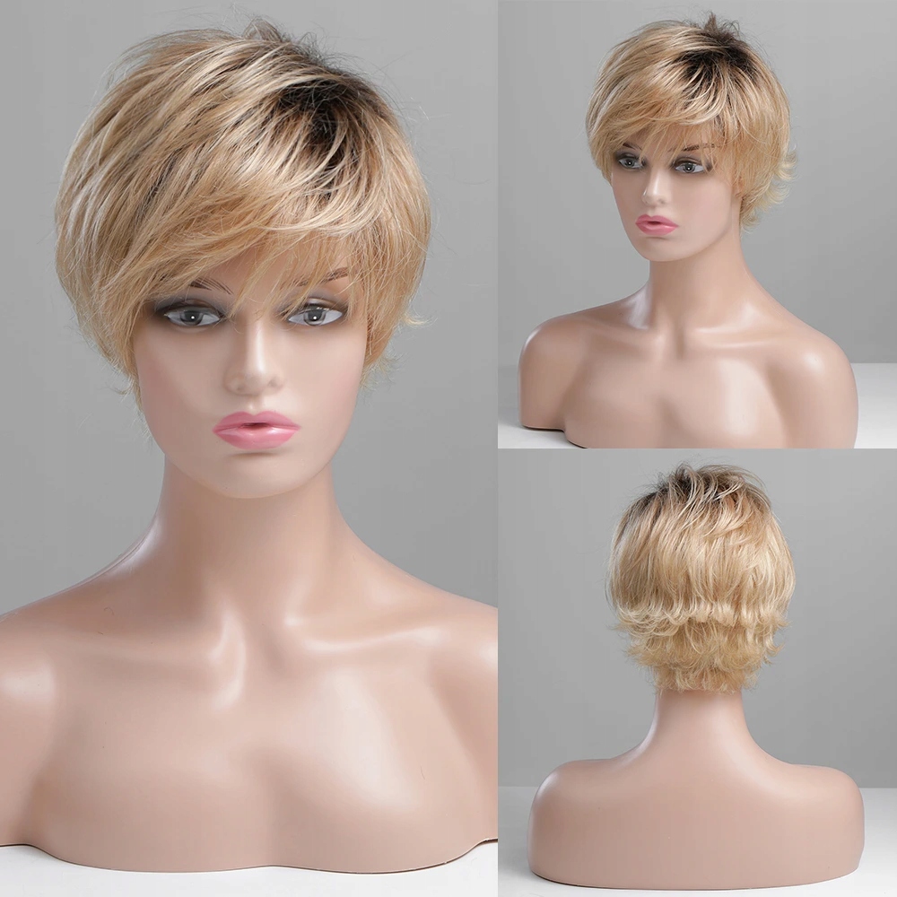 Zlatá blond pixie paruka z pravých a umělých vlasů Candy