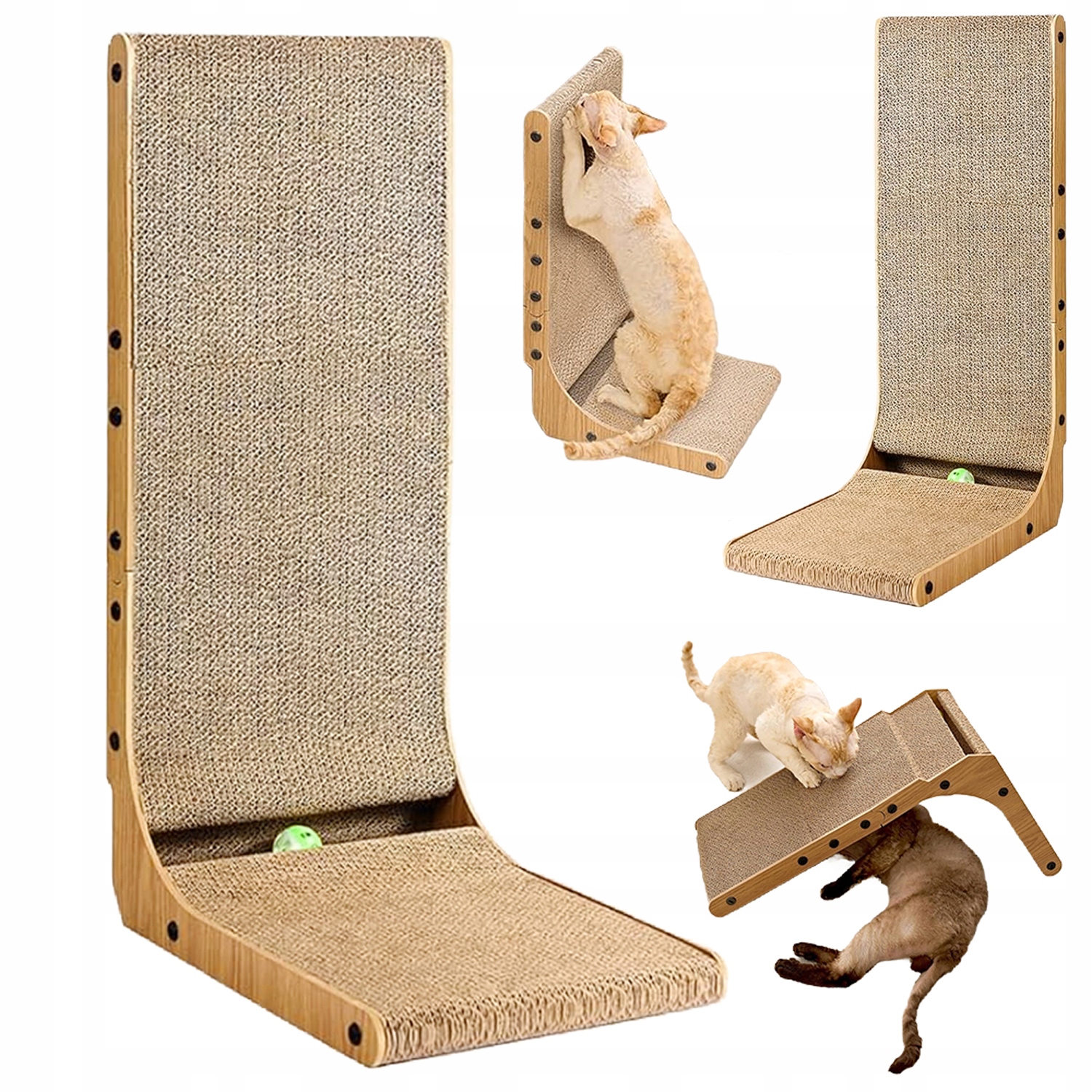 Škrabací deska pro kočky, výška 68 cm, ve tvaru písmene s hračkou