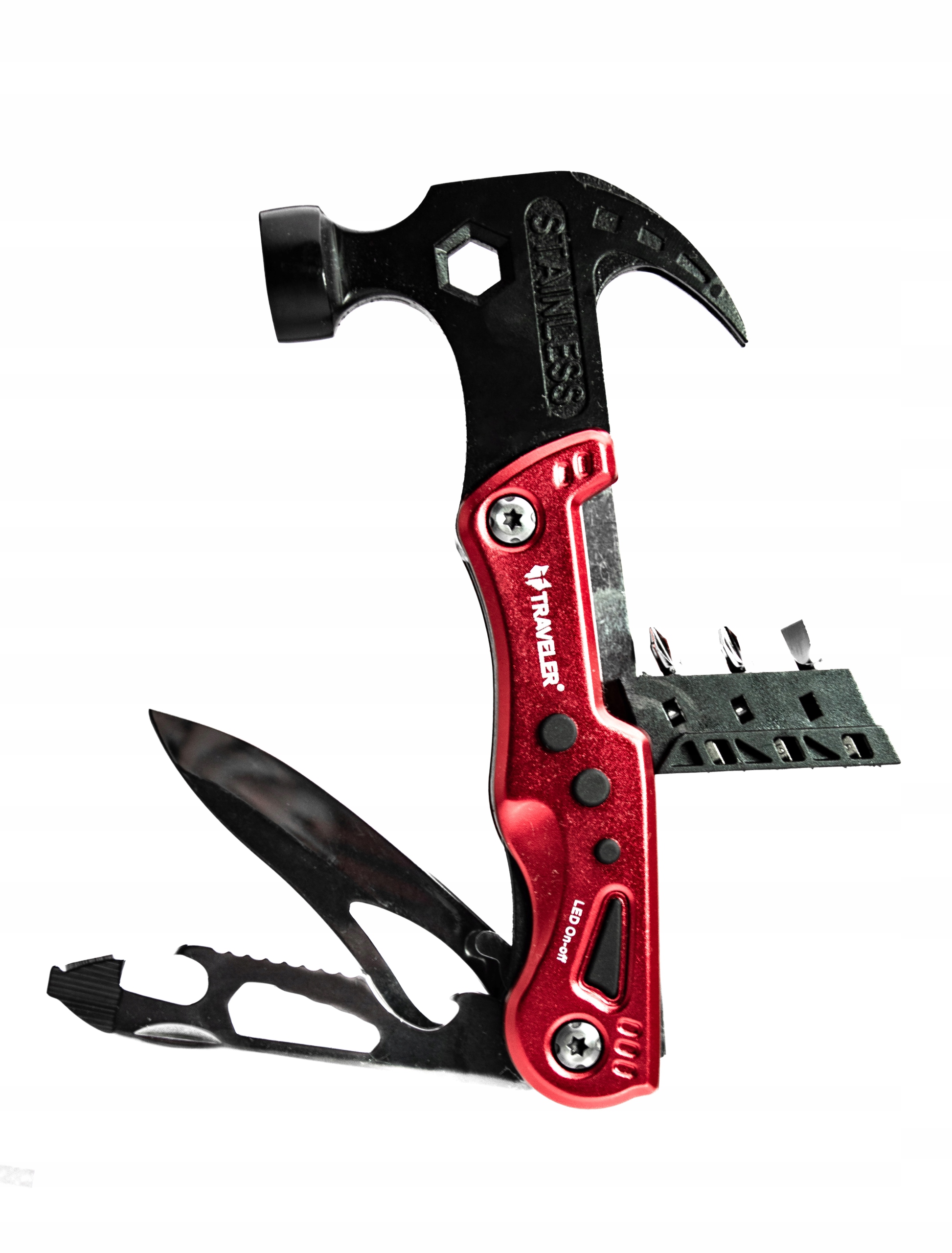 Multitool Traveler Nůž Svítilna Kladivo Bity Pouzdro