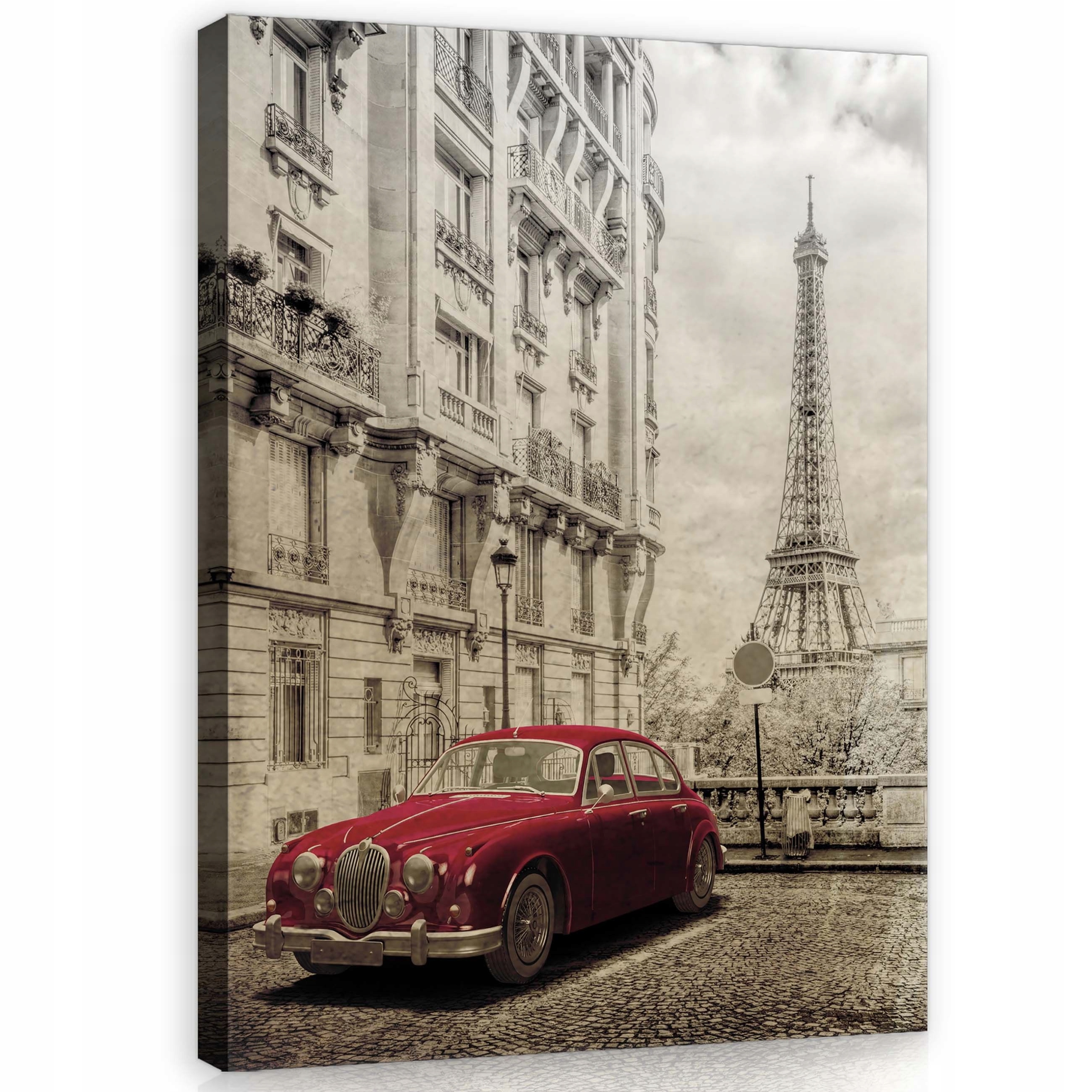 Obraz 60x80 Paříž Eiffelova věž červené auto vintage retro město dlažba