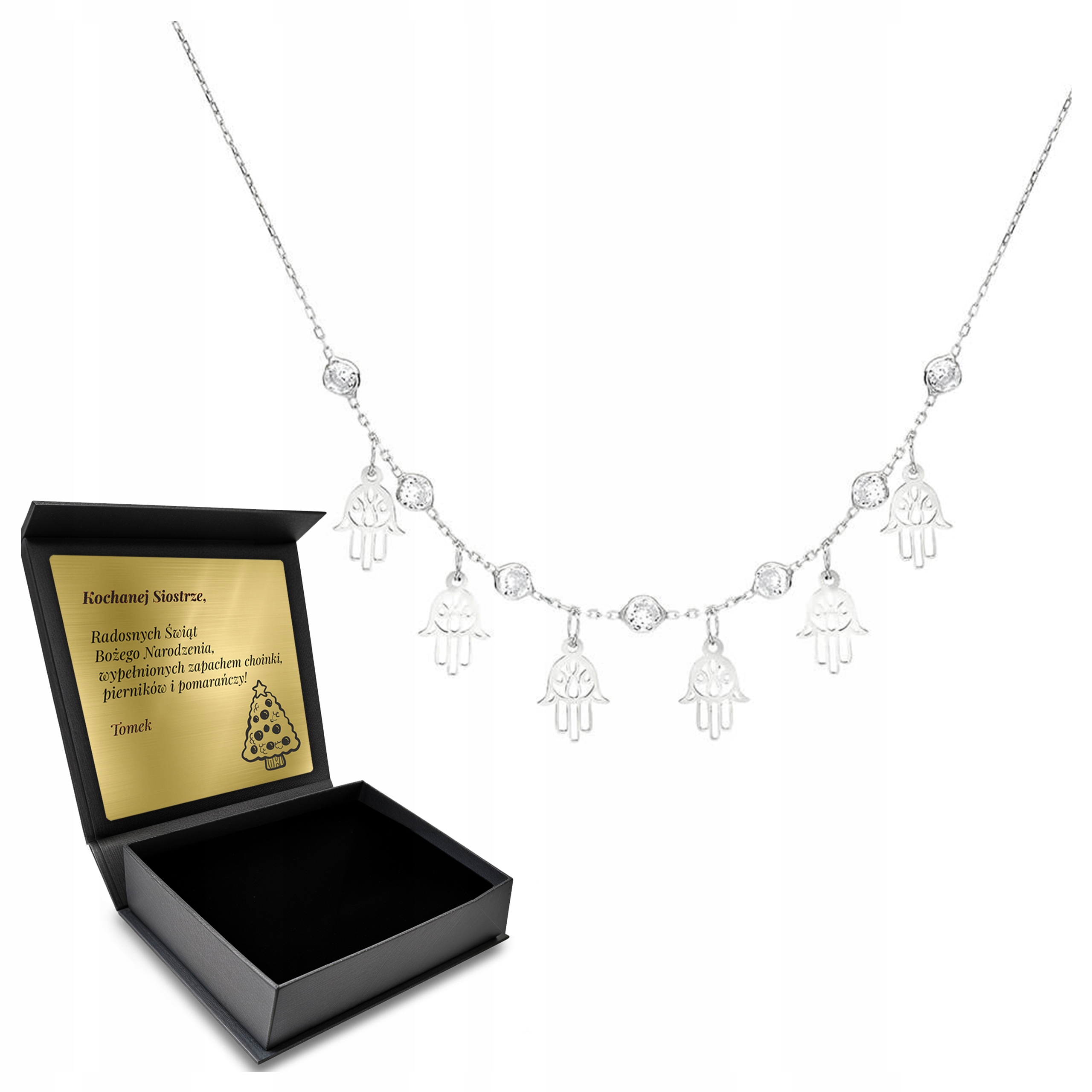 Řetízek Náhrdelník se zirkony Stříbrná ruka Fatimy Talisman Gravírování