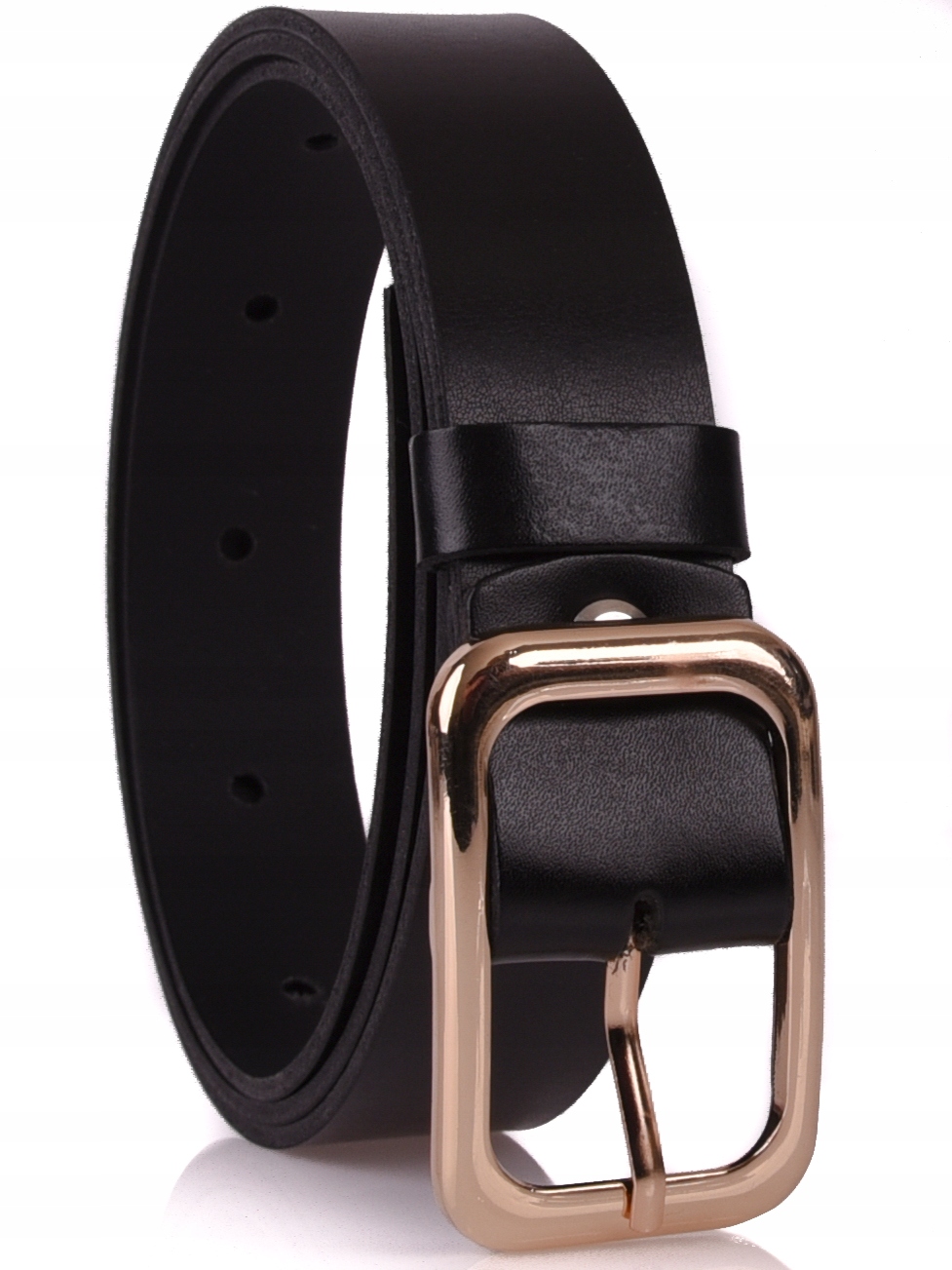 

Skórzany Pasek damski 3cm Czarny złota klamra