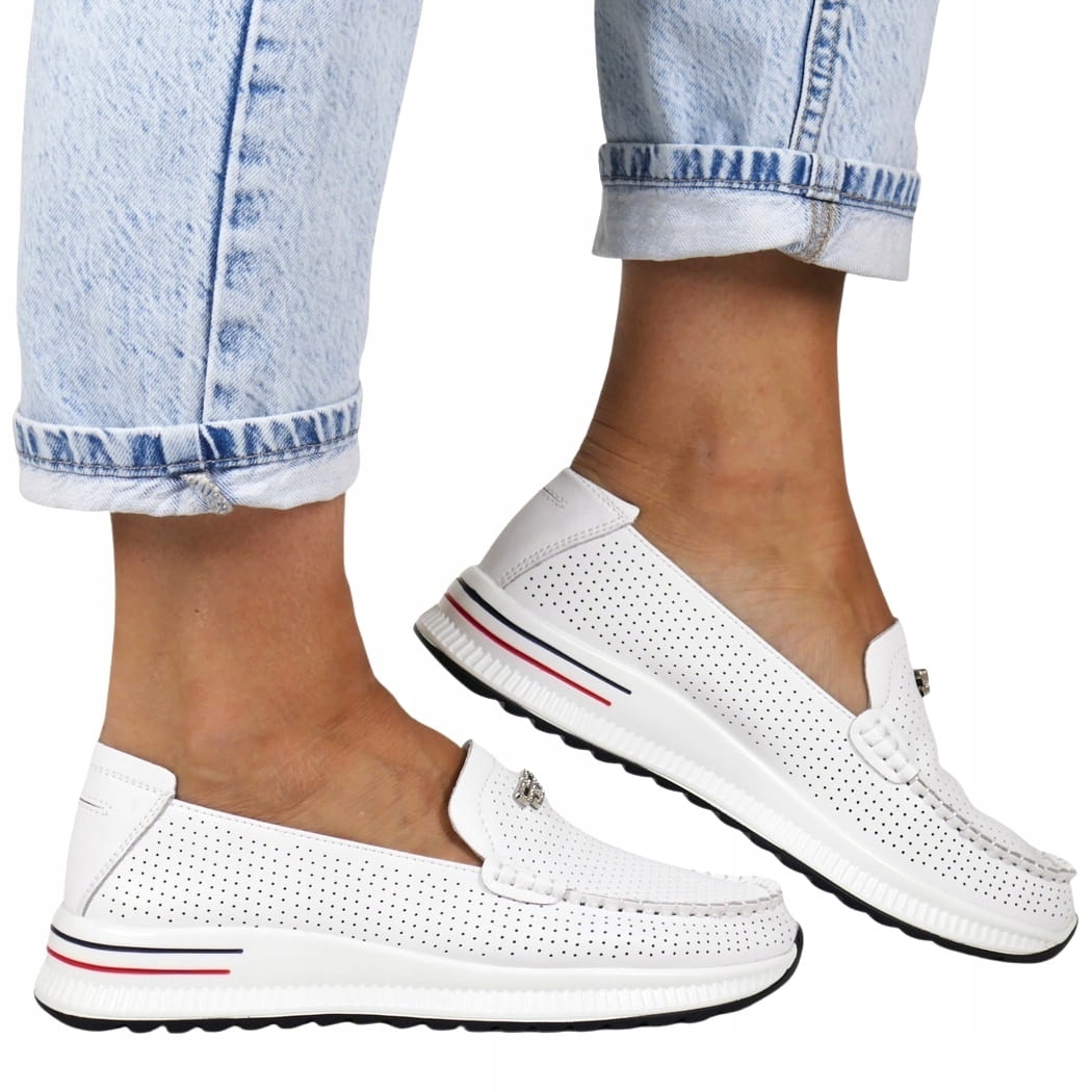 Kožené Polobotky Mokasíny Nazouvací Lehké Pohodlné Ažurové Boty Bílé