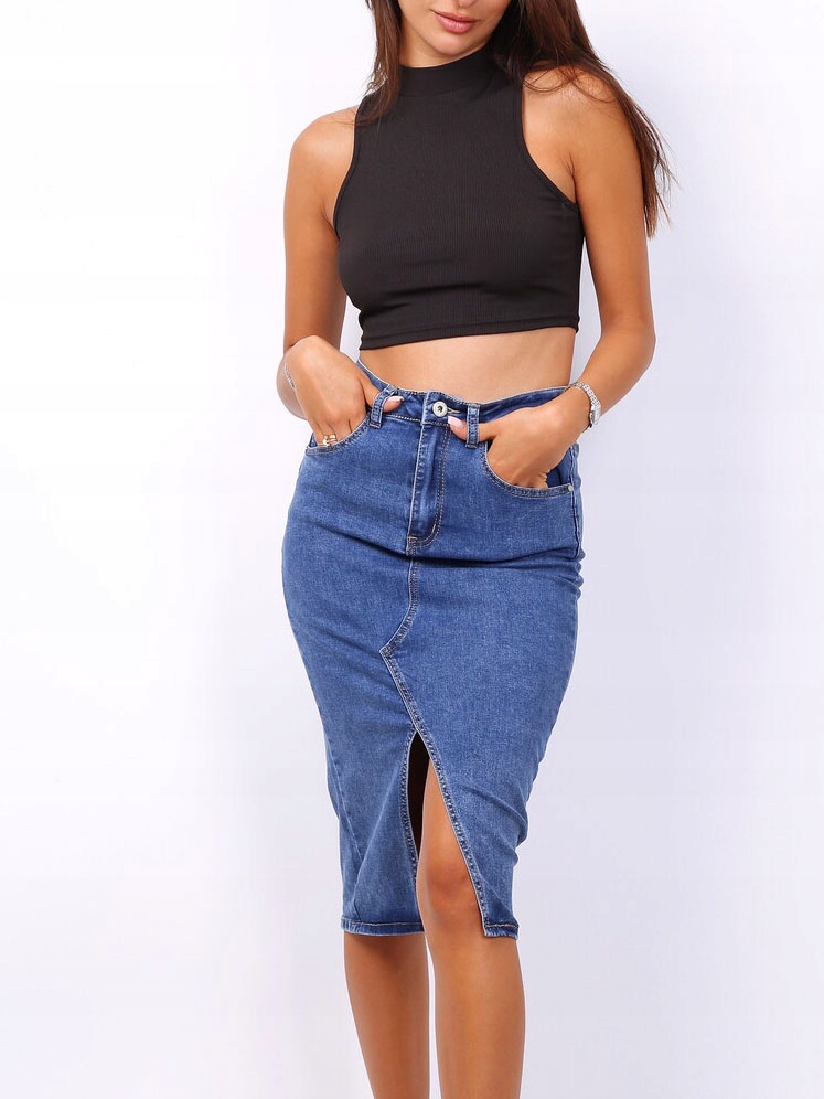 P113 JEANSOWA MIDI SPÓDNICA ROZCIĘCIE JEANS DO KOLAN MODNA NIEBIESKA 40 L Wzór dominujący bez wzoru