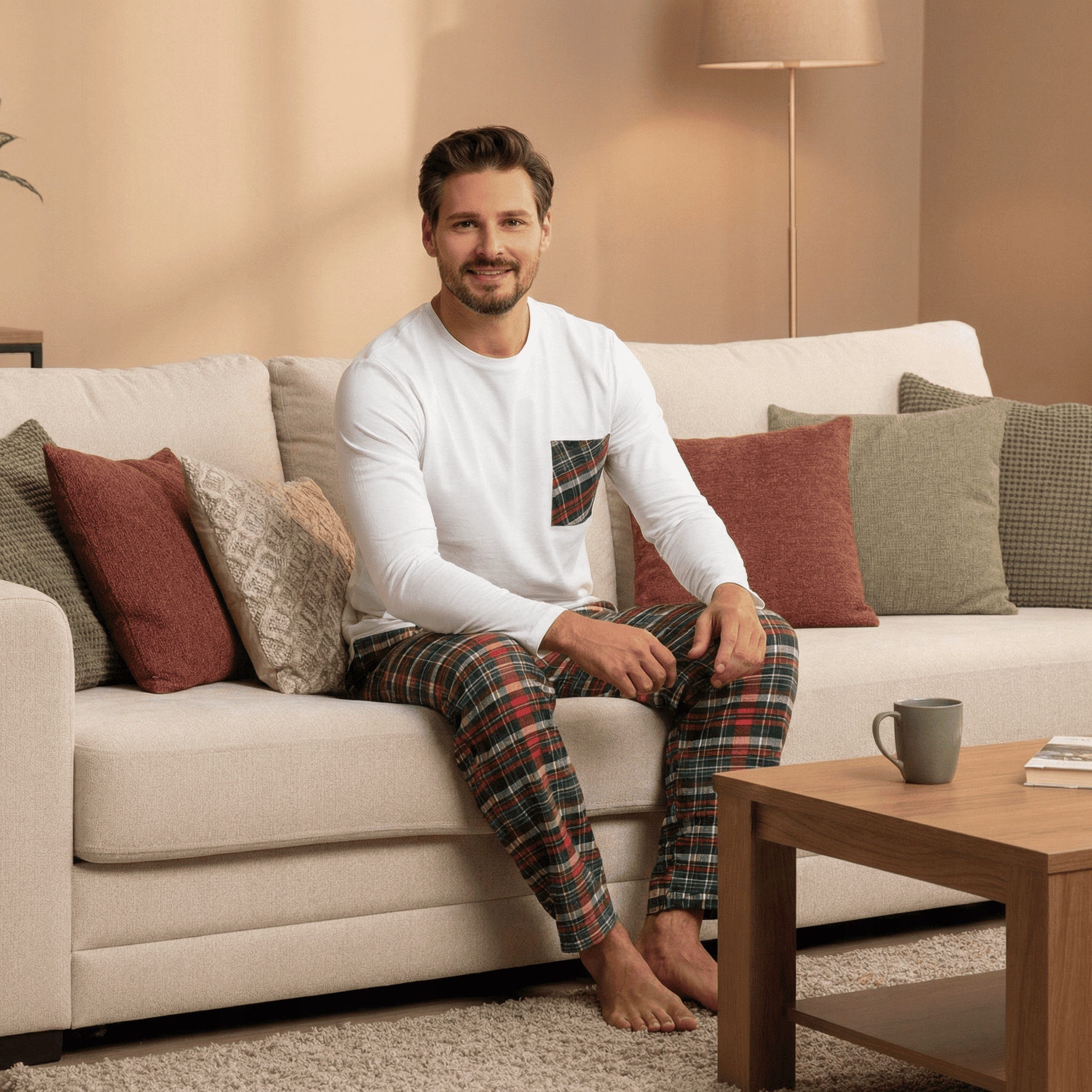 Pánské Dvoudílné Pyžamo 100% Bavlna S Dlouhým Rukávem, Kostkované Kalhoty Moraj L