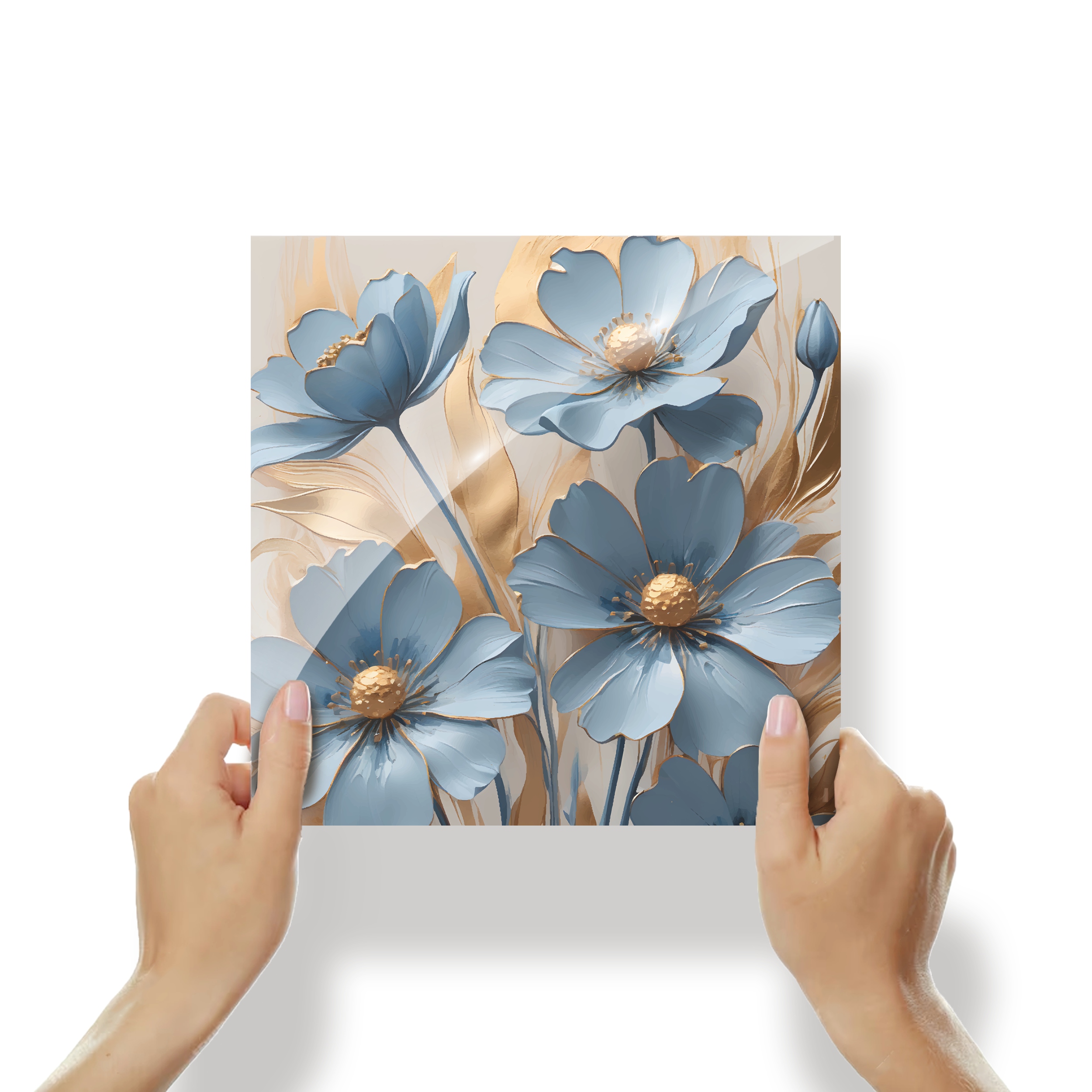 Obraz s motivem modrých Květin se zlatými prvky na plexiskle 30x30
