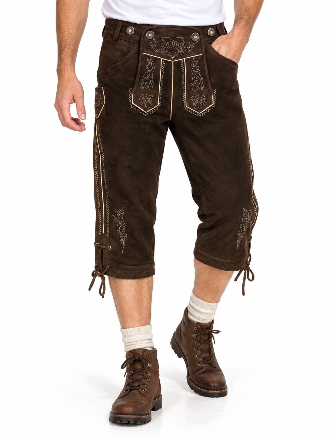 Pánské bavorské kalhoty Lederhosen z semišové kůže, hnědé, vyšívané 50
