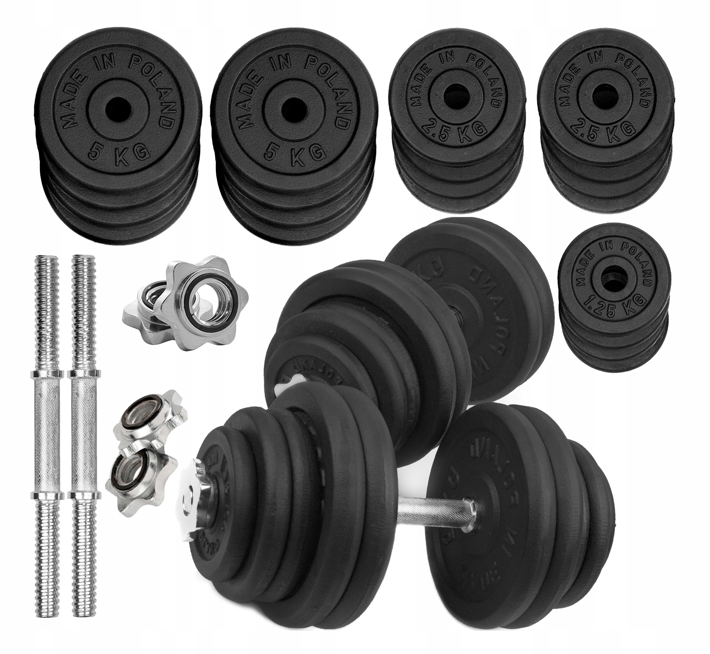 

Hantle Żeliwne 2x35 kg gryf Talerze zestaw 70kg