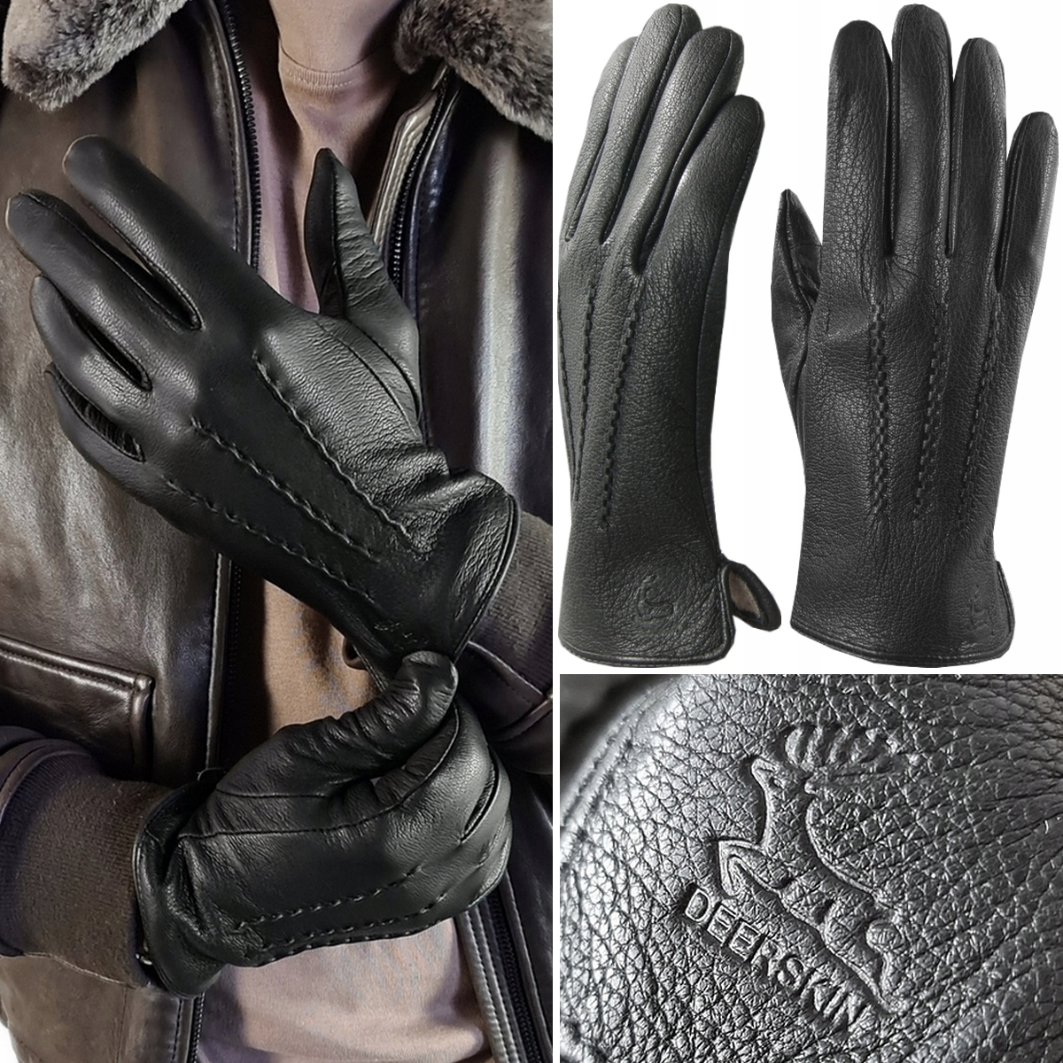 Kožené Rukavice Jelen pánské Jelení Kůže Vlna teplé Dotykové, XXL