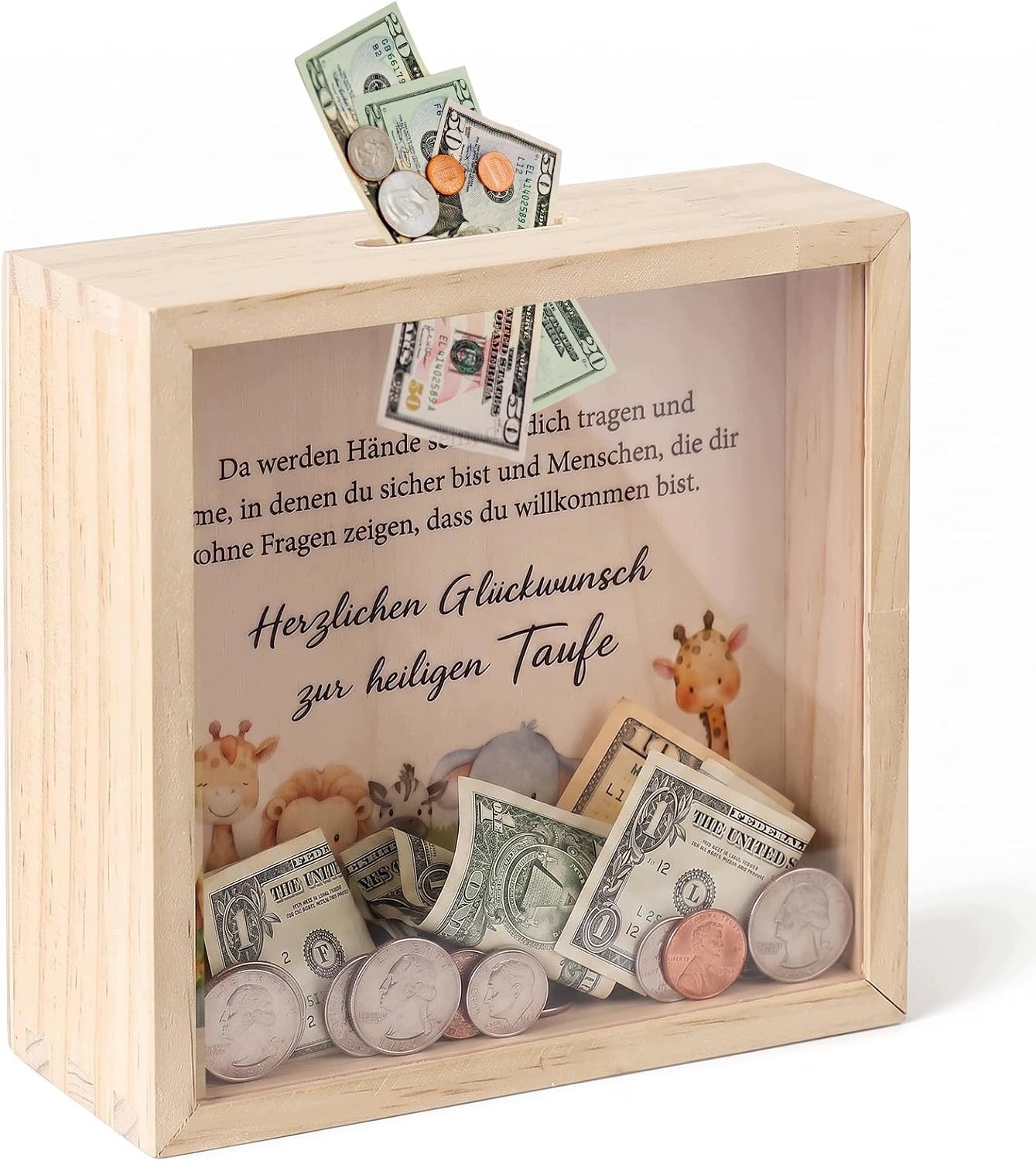 Drewniana skarbonka na chrzest 16 cm ramka na zdjęcia 3D
