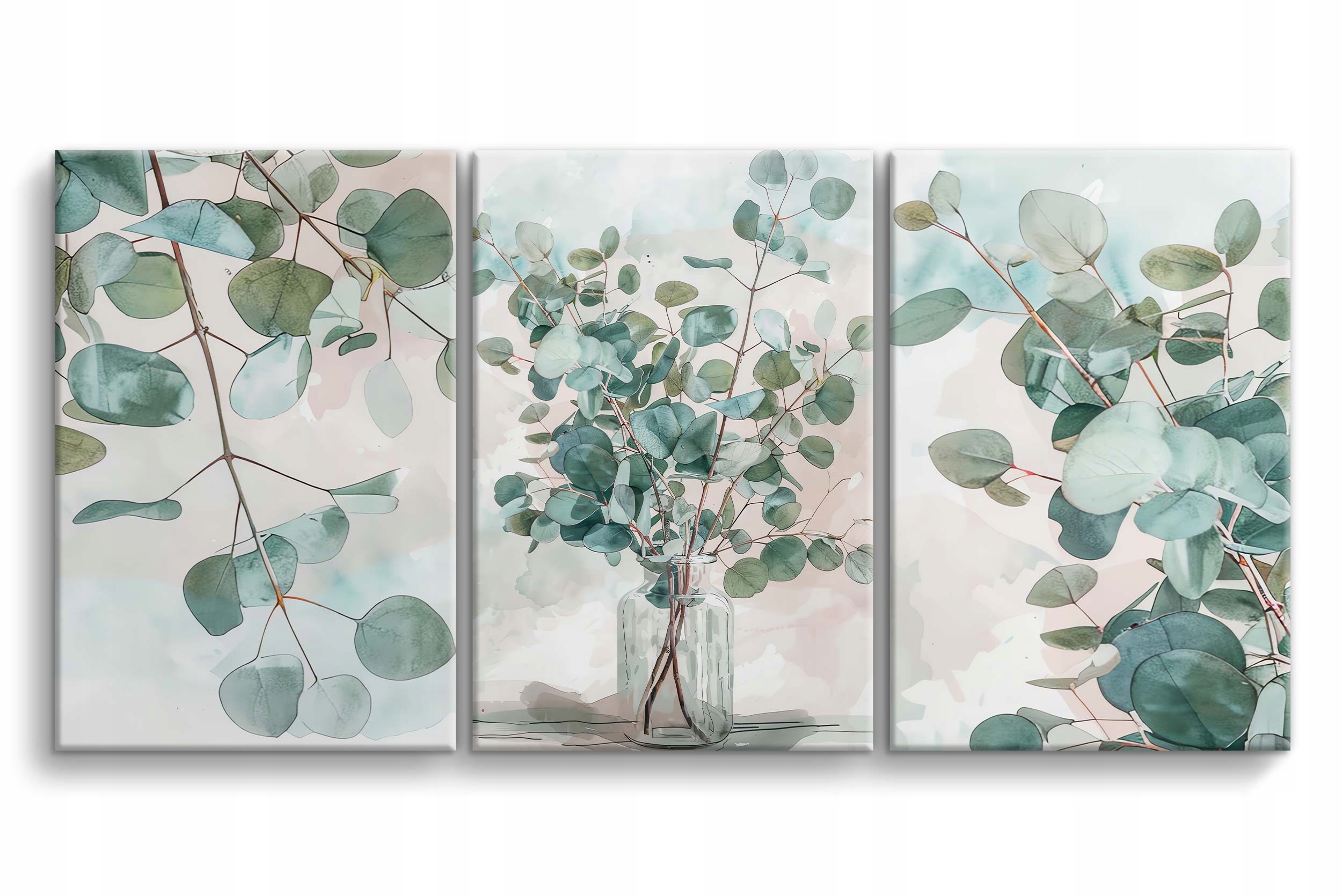 Subtelny Tryptyk na ścianę Obrazy Eukaliptus Zielone Liście boho 60x120