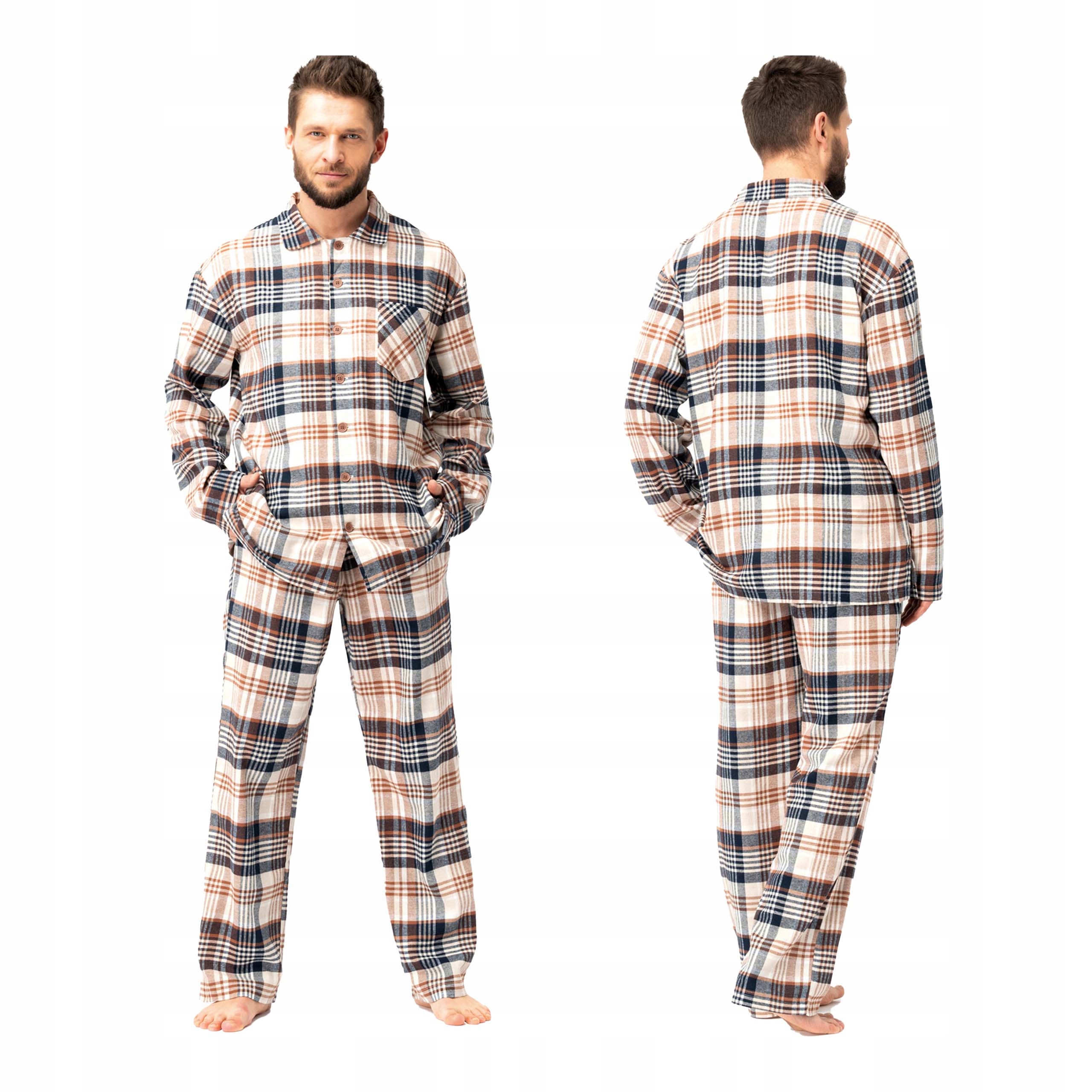 Pánské flanelové pyžamo s dlouhým rukávem, kalhoty bavlna Key 4XL