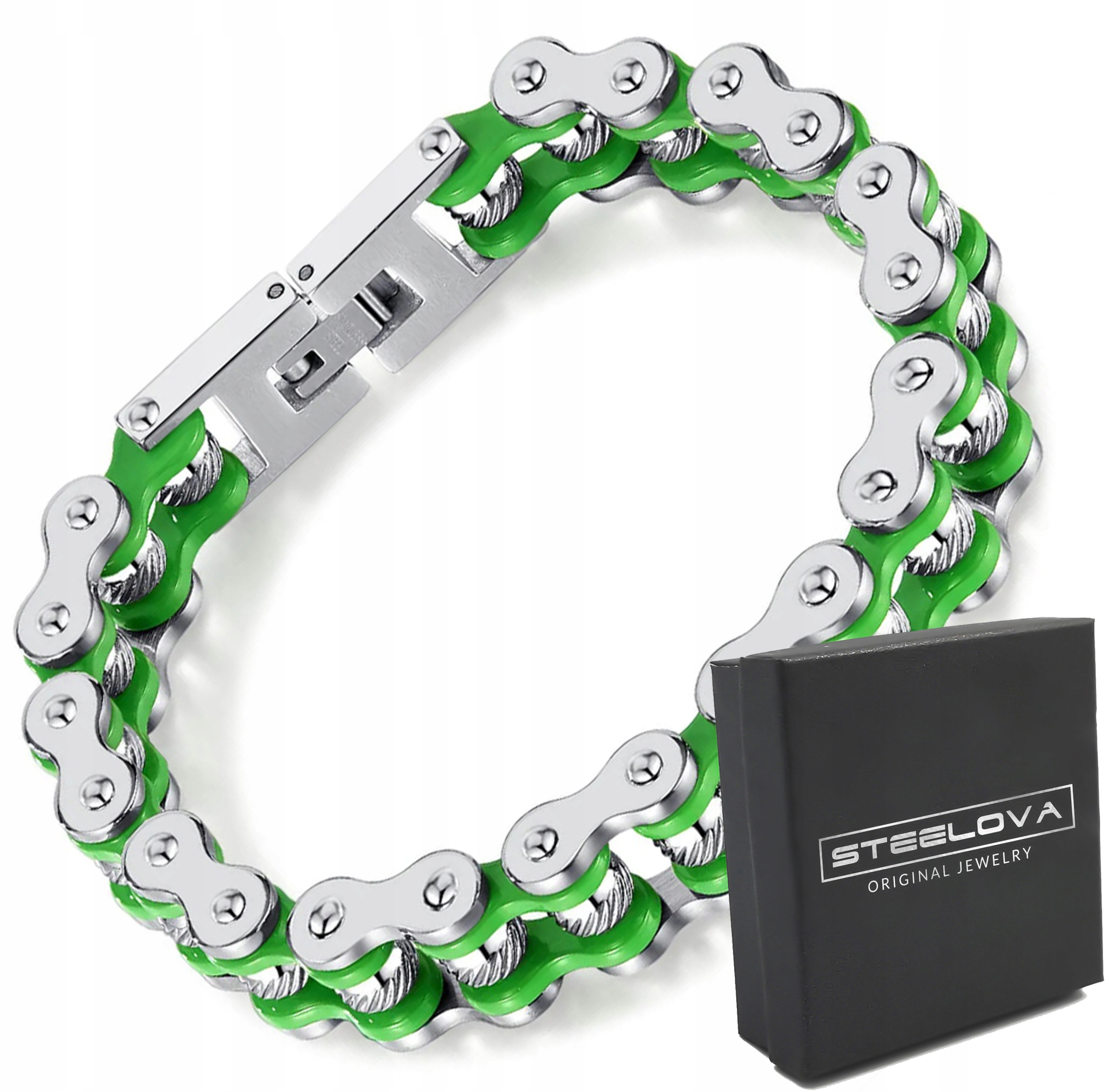 Zeleno-stříbrný náramek Bike Chain Řetěz na kolo s korálky