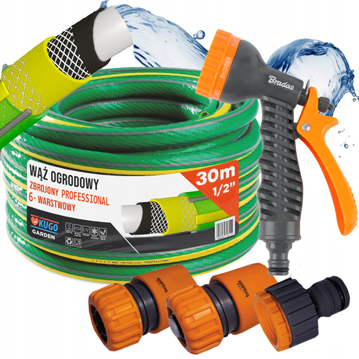 Hadice 1/2" 30 m 6 Vrstev Set Pistole Spojky Bradas 36 Bar