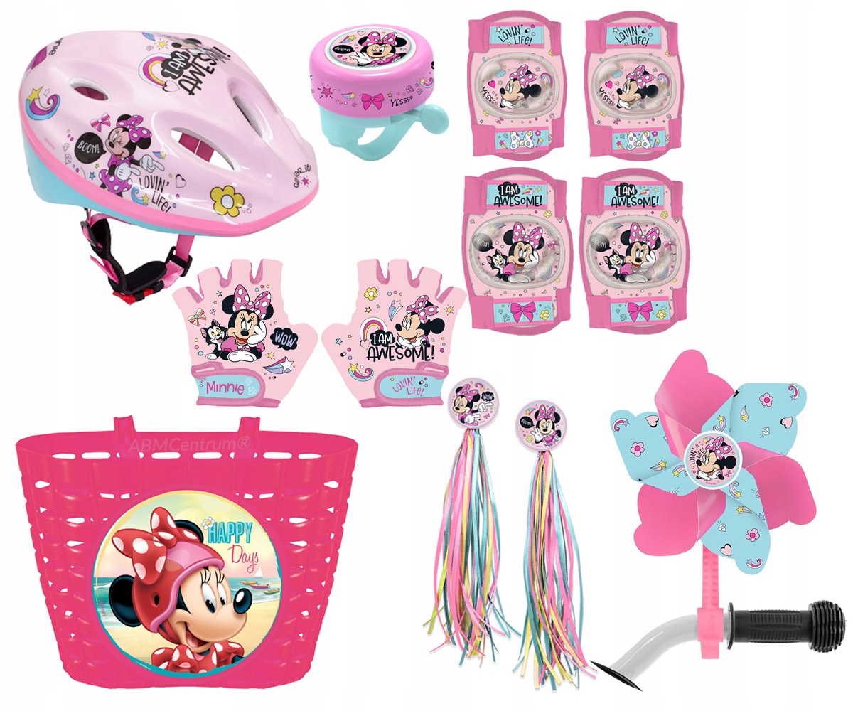 4x ochraniacze kask koszyk rękawiczki dzwonek wiatrak wstążki Minnie Miki