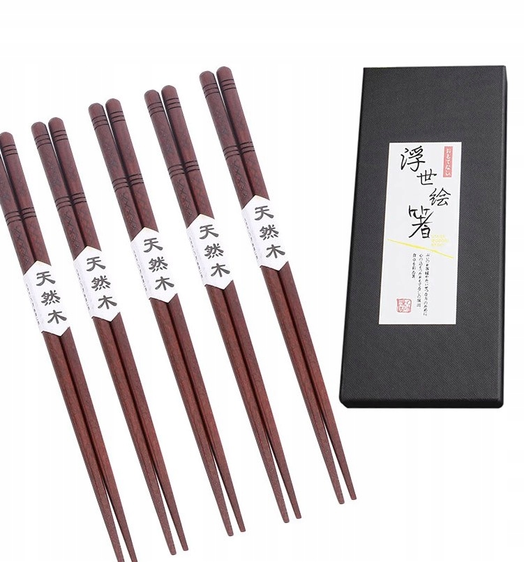 Chińskie Pałeczki Sushi ciemne drewno 5par Pudełko