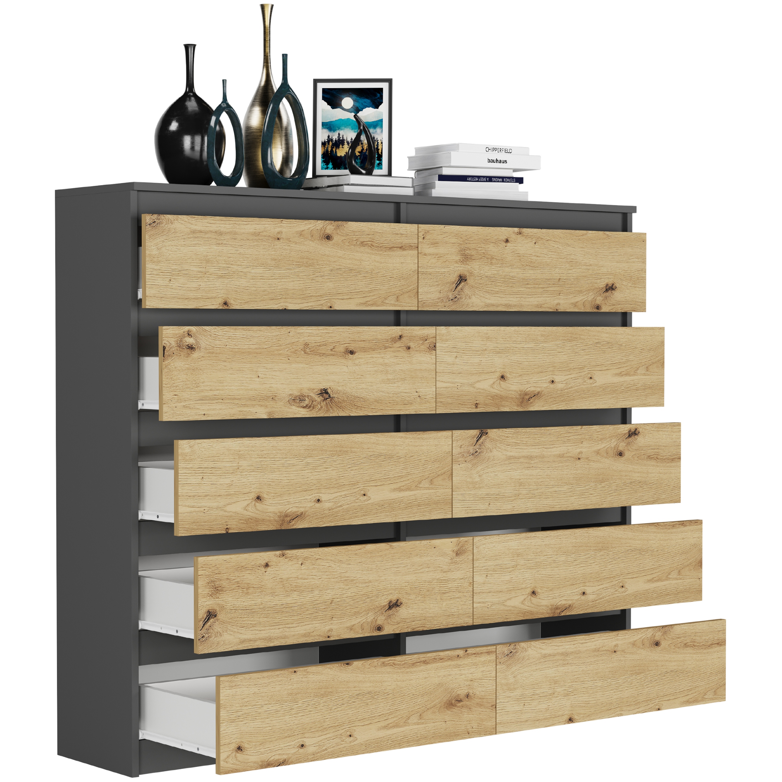 Nowoczesna KOMODA 140 SZAFKA 10 SZUFLAD R-140-S10 ANTRACYT MIX ARTISAN