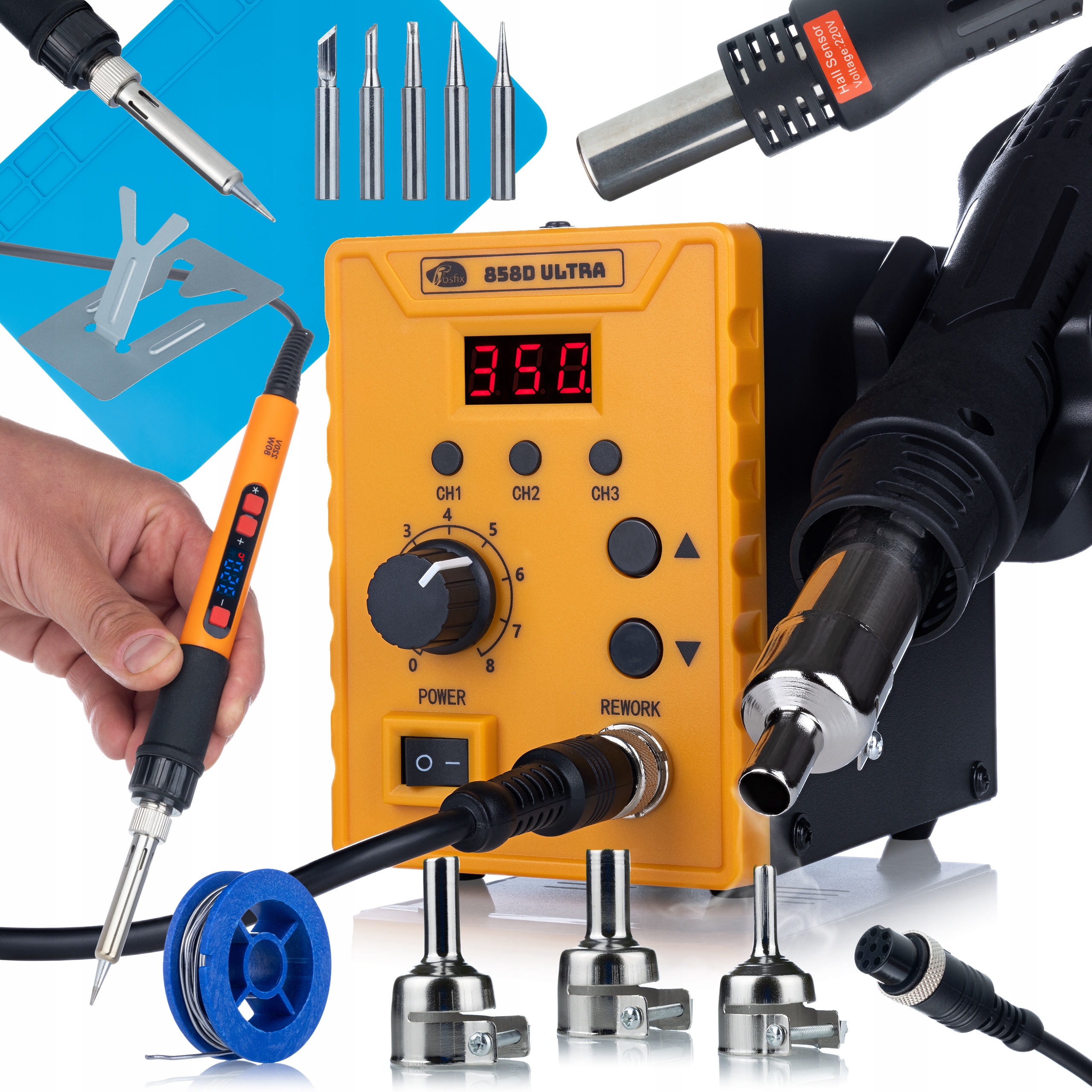 Pájecí Sada Rosfix 858D Ultra 700W|PÁJEČKA 80W|PODLOŽKA 500°C 30x20CM