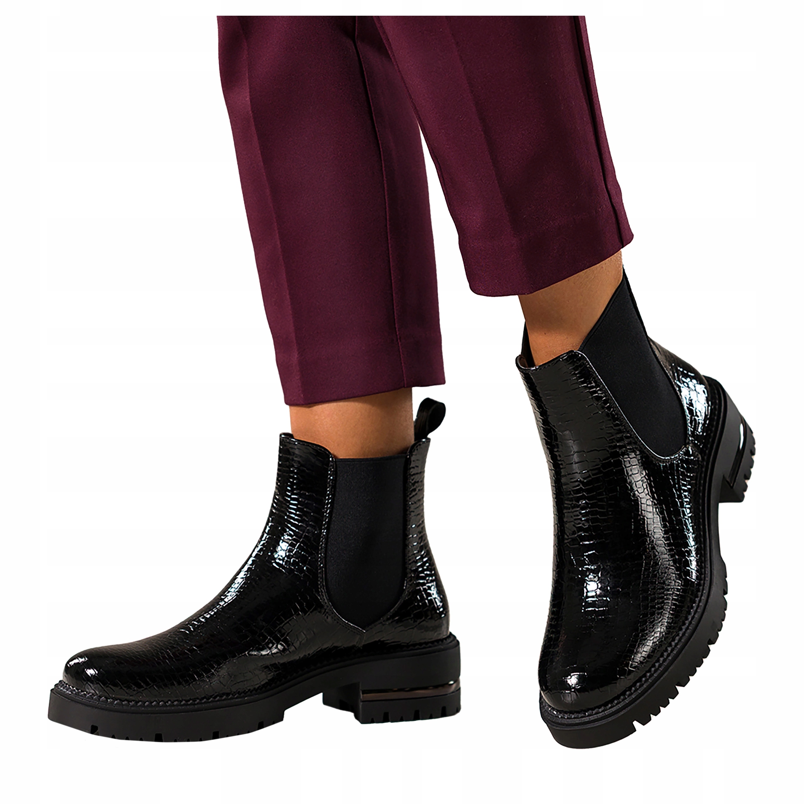 Kotníkové Boty Černé Dámské Lakované Pohodlné Hadí vzor Platforma Modne r 36