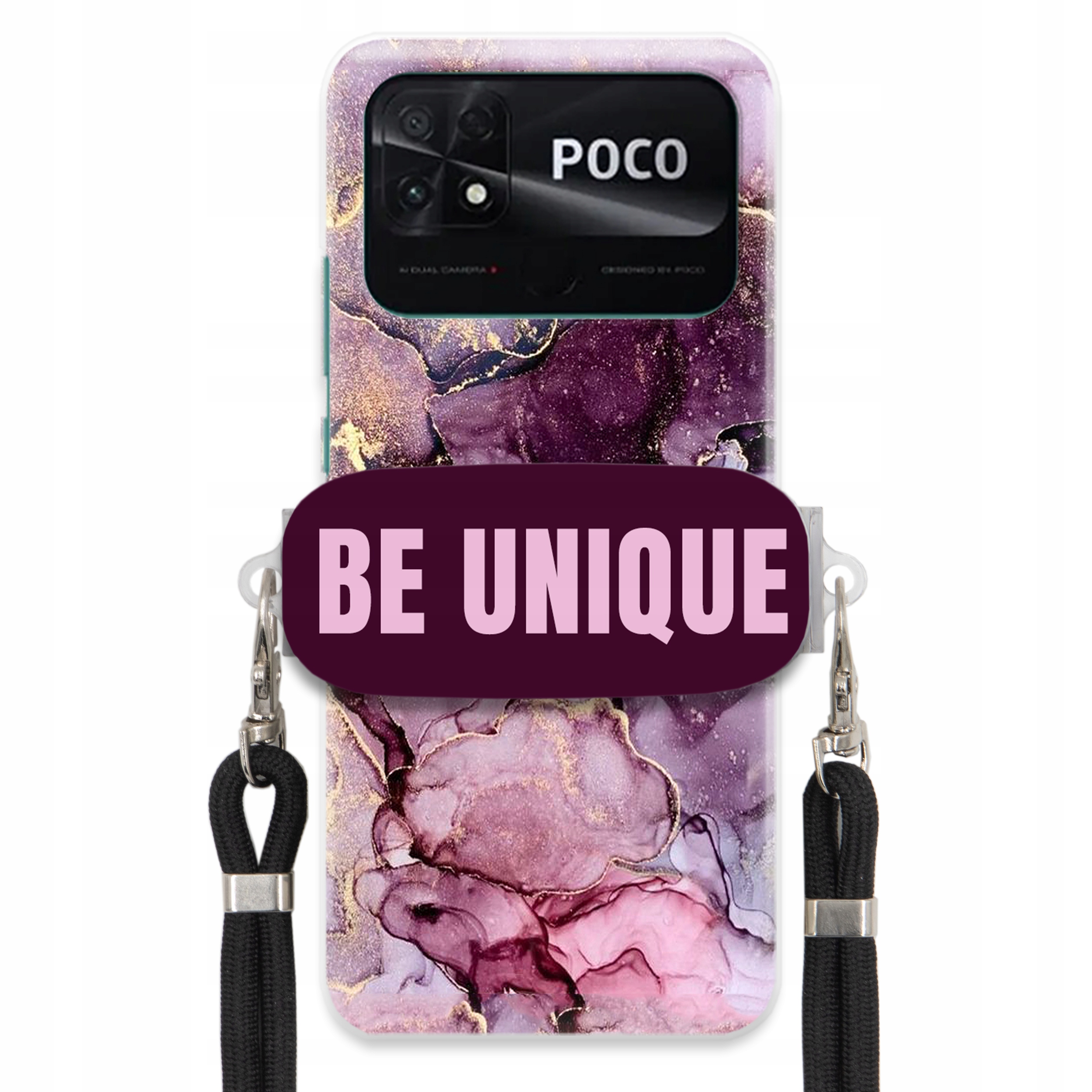 Puzdro pre Xiaomi Poco C40 držiak na šnúrku Čierna Fialová Mramor Be Unique