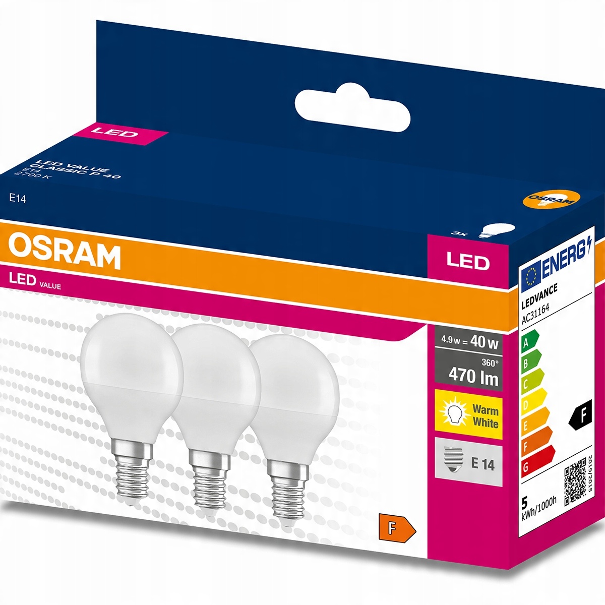

3x Żarówka Led E14 P45 4,9W 40W 470lm 2700K Osram
