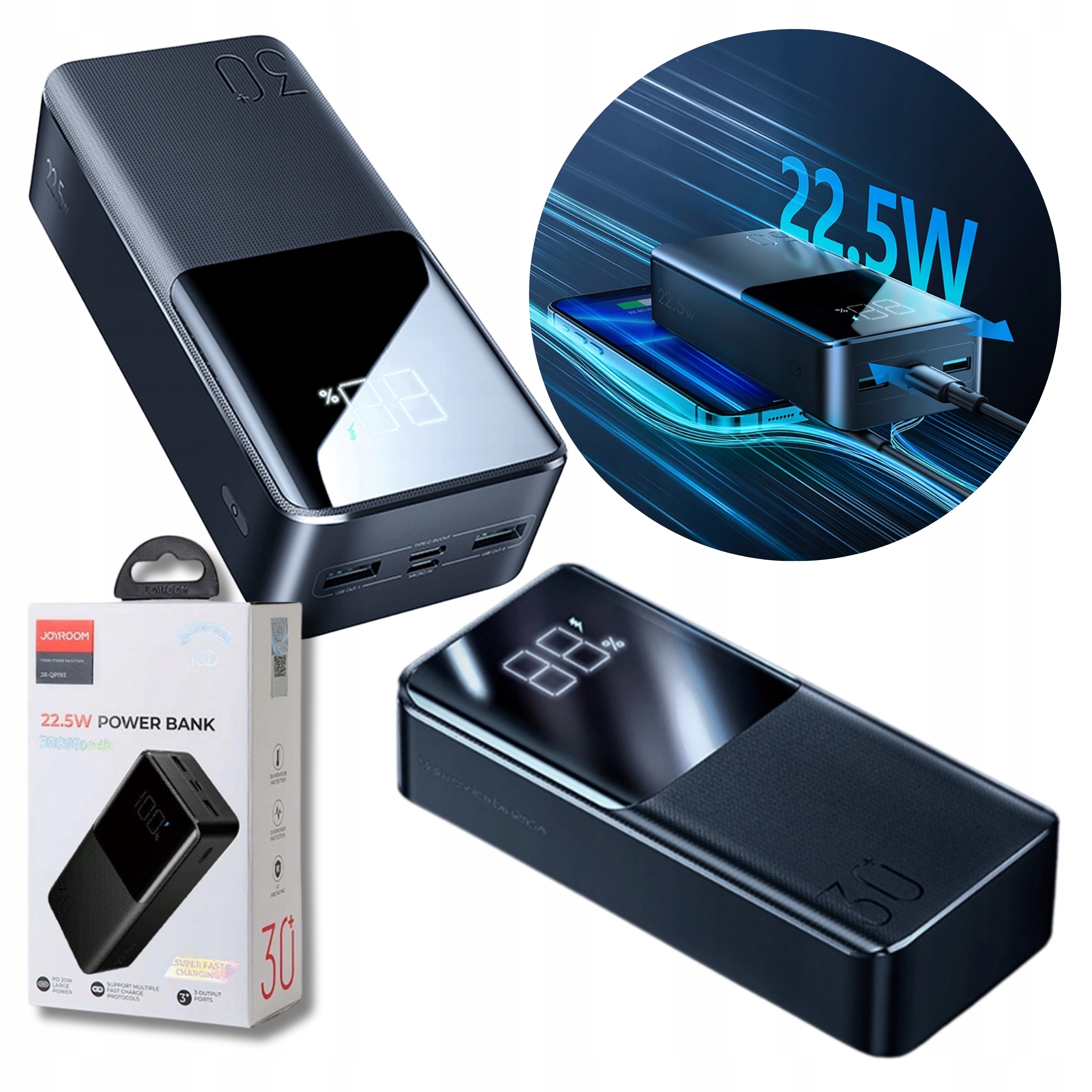 Powerbanka 30000 mAh Velká Kapacita 22.5 W Pd QC3.0 Afc Rychlé Nabíjení