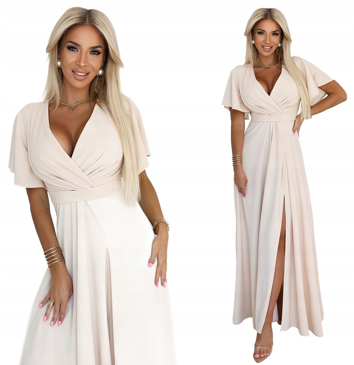 Elegantní Večerní Šaty S Výstřihem Na Noze A Rukávkem Béžová S