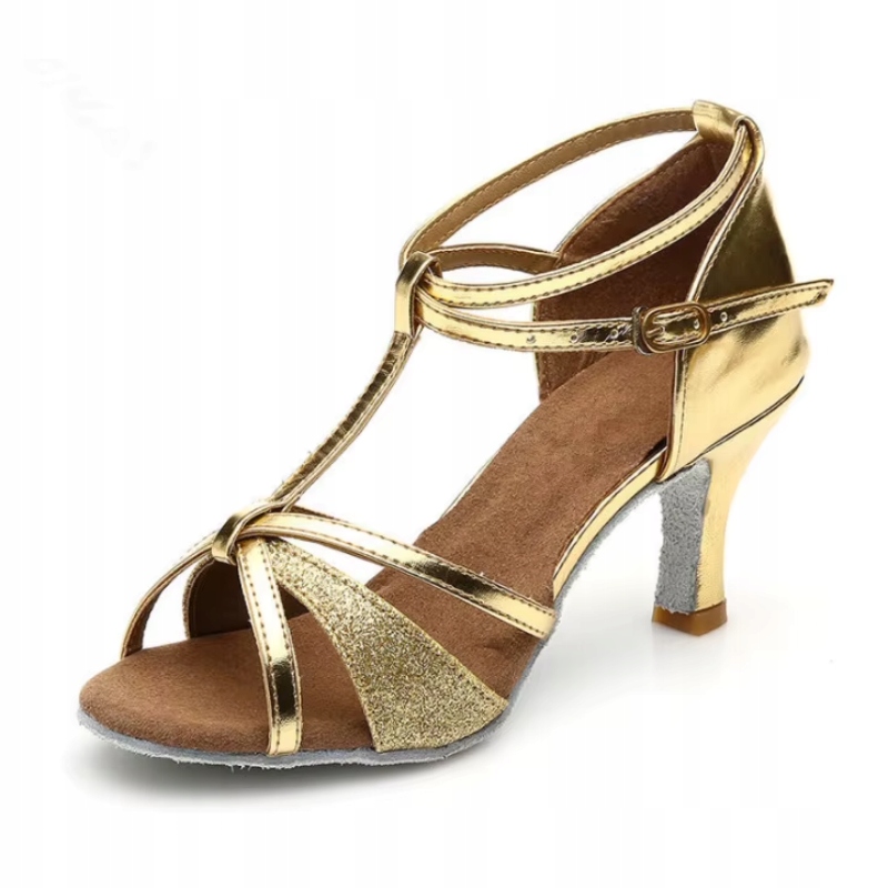 Złote buty taneczne damskie 37 sandały na obcasie 7 cm