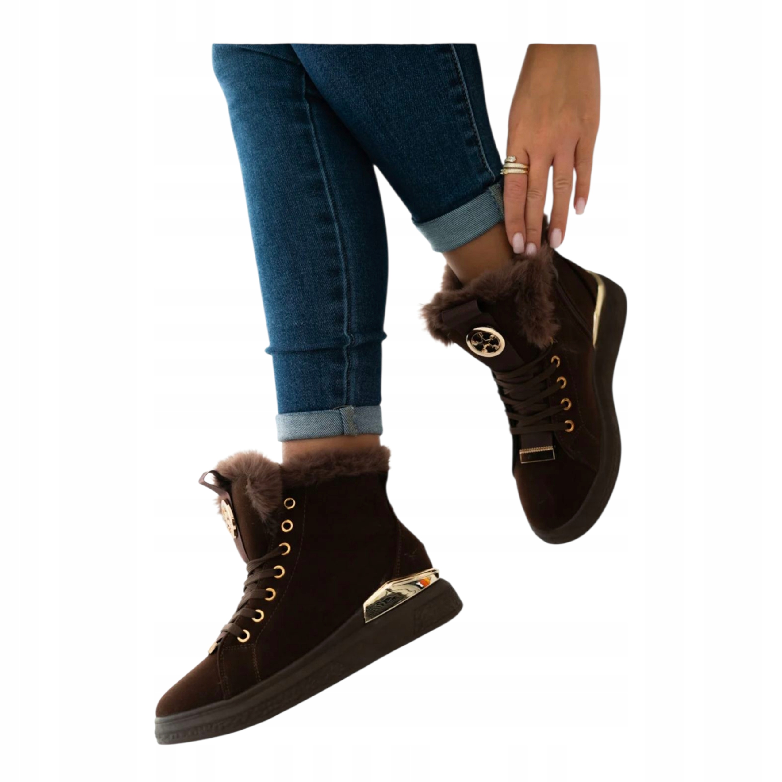 Dámské ploché Kotníkové Boty Zateplené tenisky s kožešinou, semišové, hnědé, velikost 39