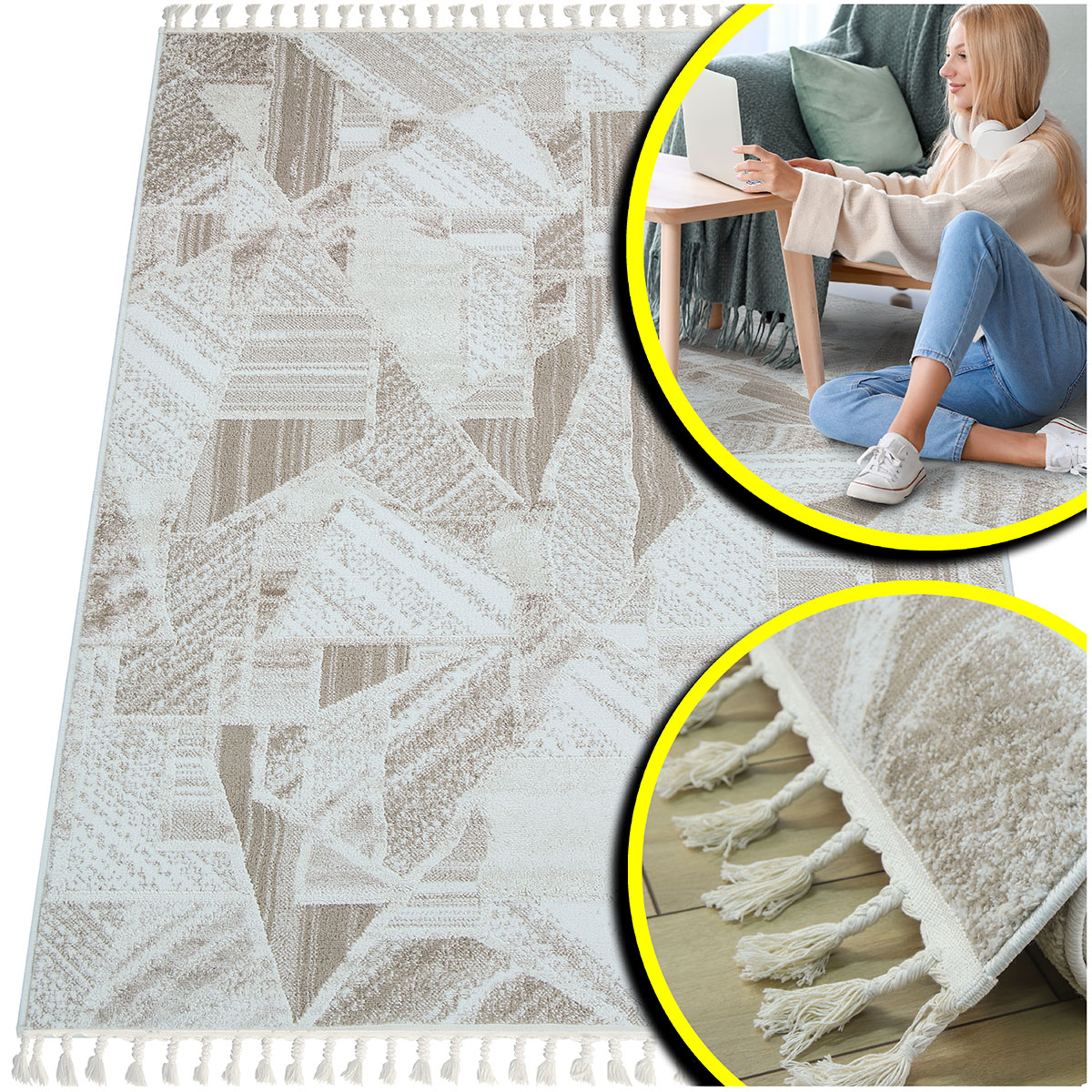 Krémový Koberec Do Ložnice Obývacího Pokoje Anko Béžový Koberec Shaggy Melanž 140x200