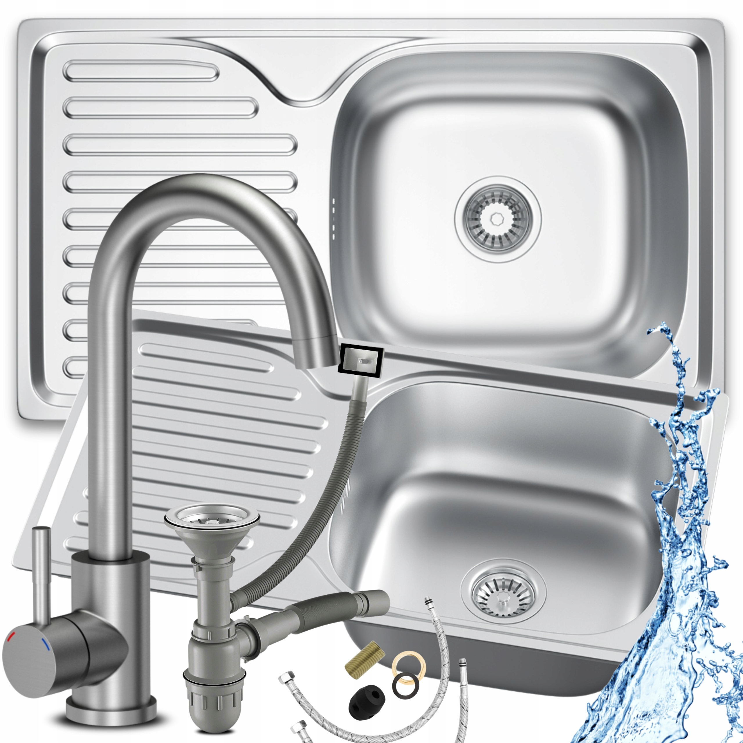 Zlewozmywak Jednokomorowy Stalowy Z Bateria Kuchenna Syfon Manualny 8w1