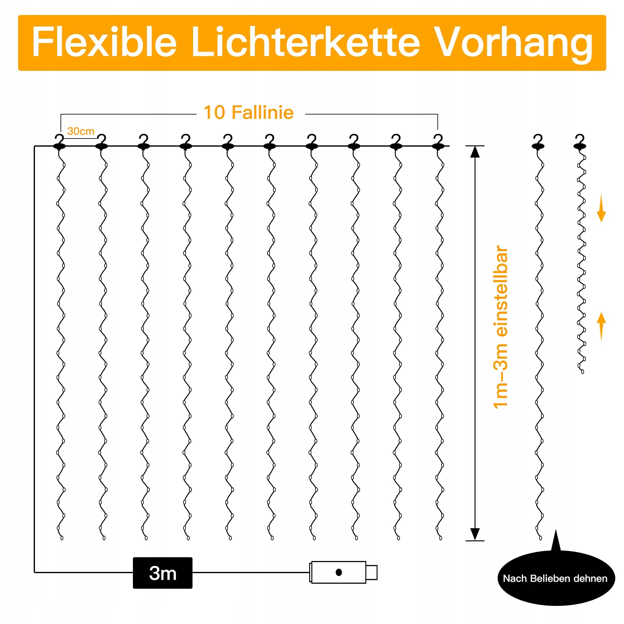 OLLNY Kurtyna Girlanda Zasłona Świetlna Lampki Dekoracyjne 3x3m 300LED — miniatura 6