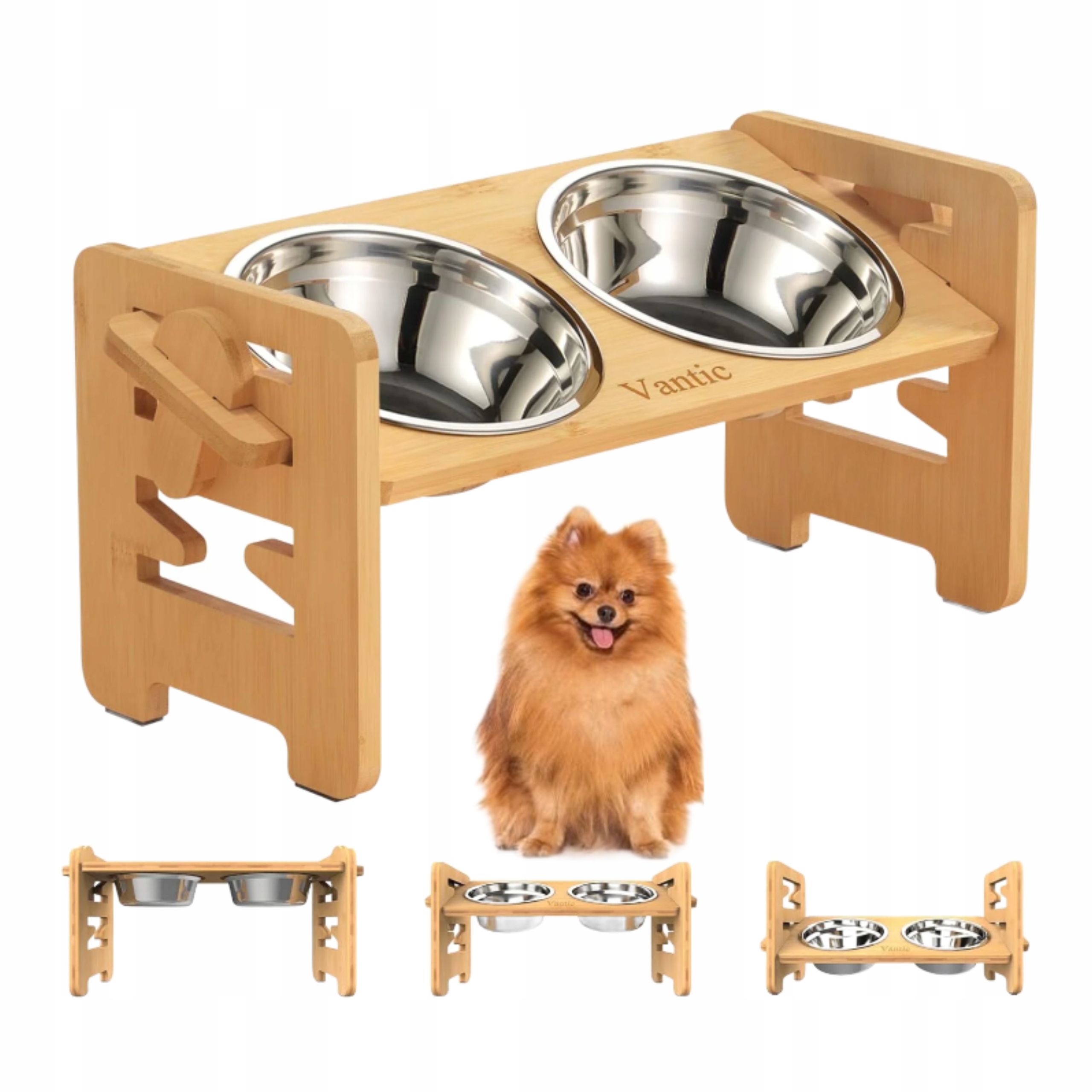 Levně Regulovatelná bambusová miska se stojanem pro psa a kočku 2 ocelové Misky