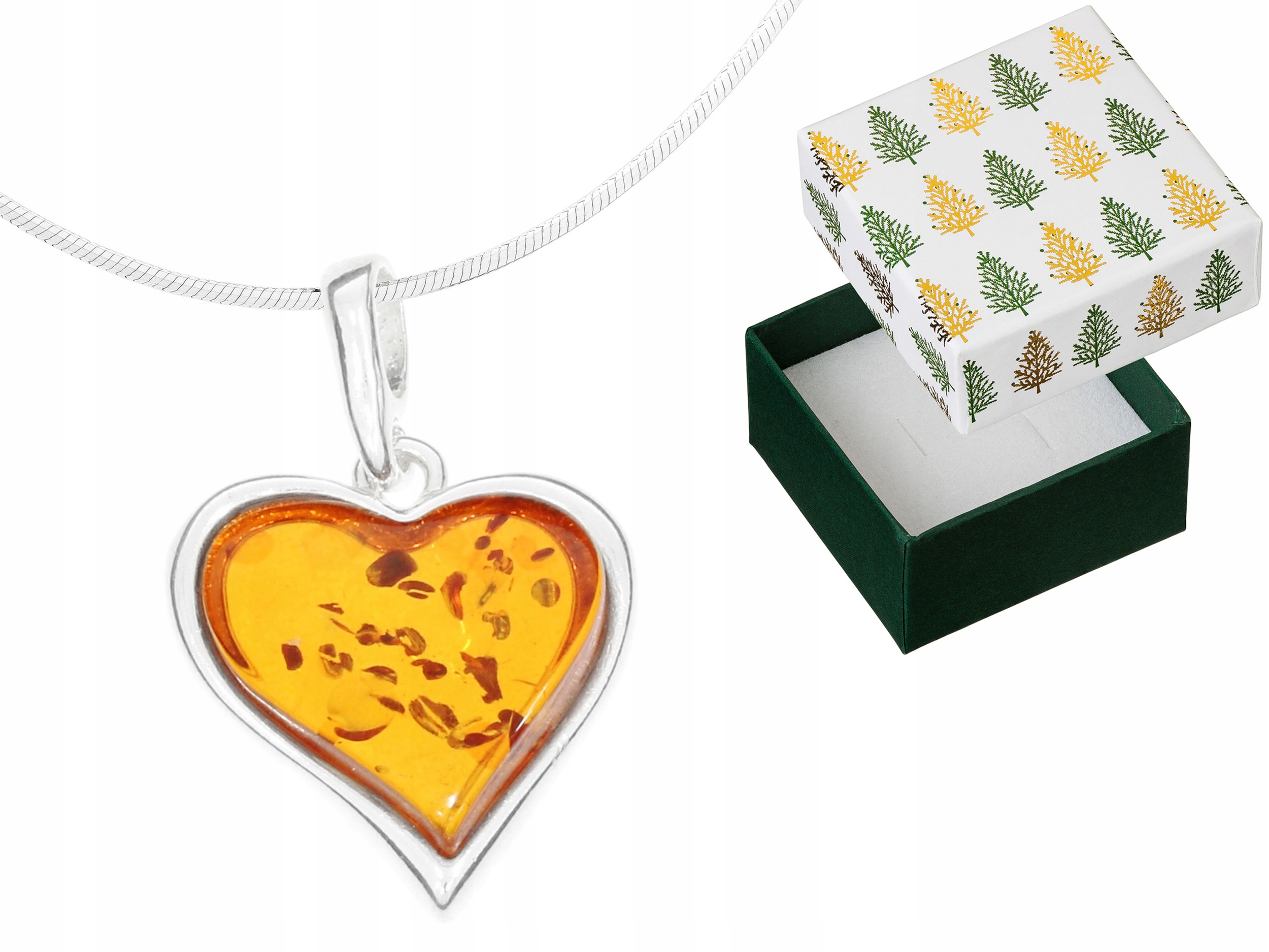 Dlouhý stříbrný dámský náhrdelník Srdce s jantarem Srdíčko Stříbro 70 cm