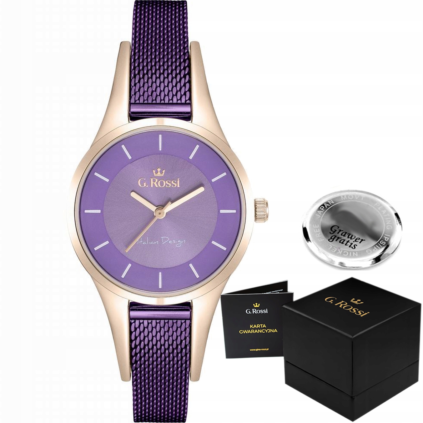 Dámské hodinky G. Rossi Sevilla mesh Fialové Gravírování Box