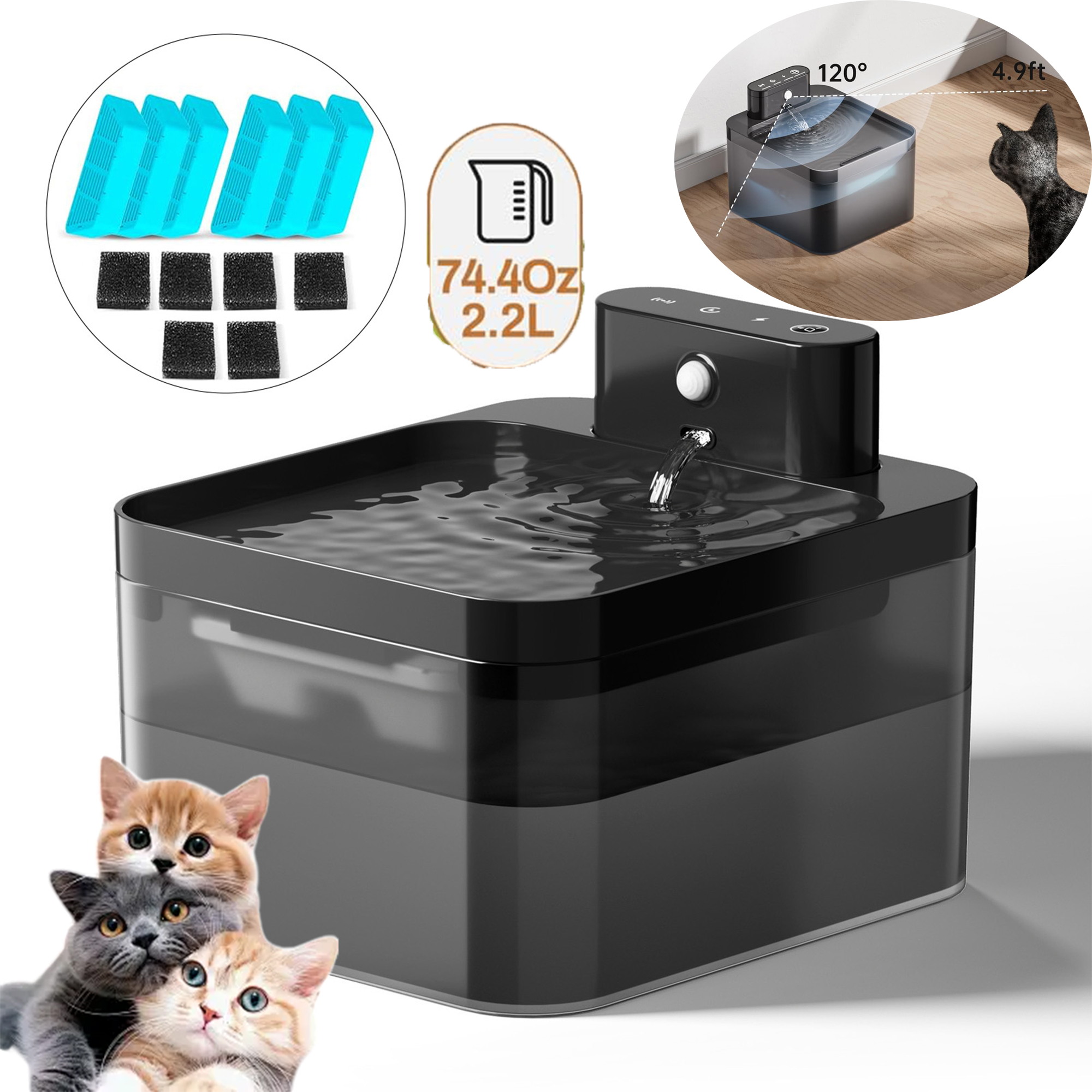 Levně Fontána Pro Kočky 2.2L Led 2600MAH Filtr 5 Vrstev