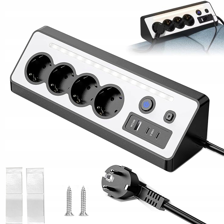 Prodlužovací přívod s vypínačem 16A se 4 zásuvkami, Usb porty a 2x Usb-c