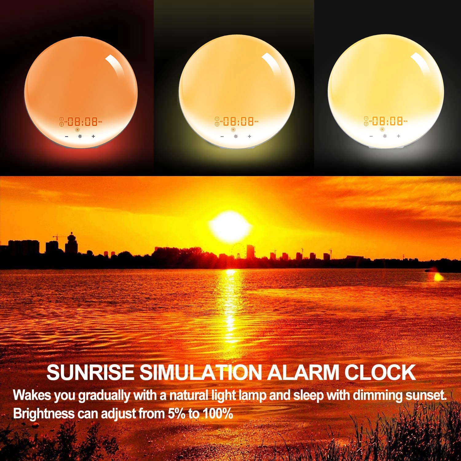 ZEGAR. BUDZIK. SYMULACJA WSCHODU, ZACHODU SŁOŃCA Kolor biały