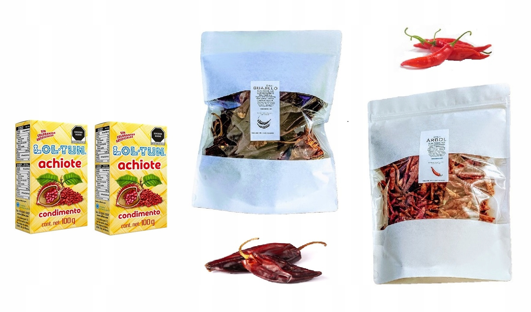 2x Achiote koření 100g Chilli del Arbol 200g Chilli Guajillo 200g