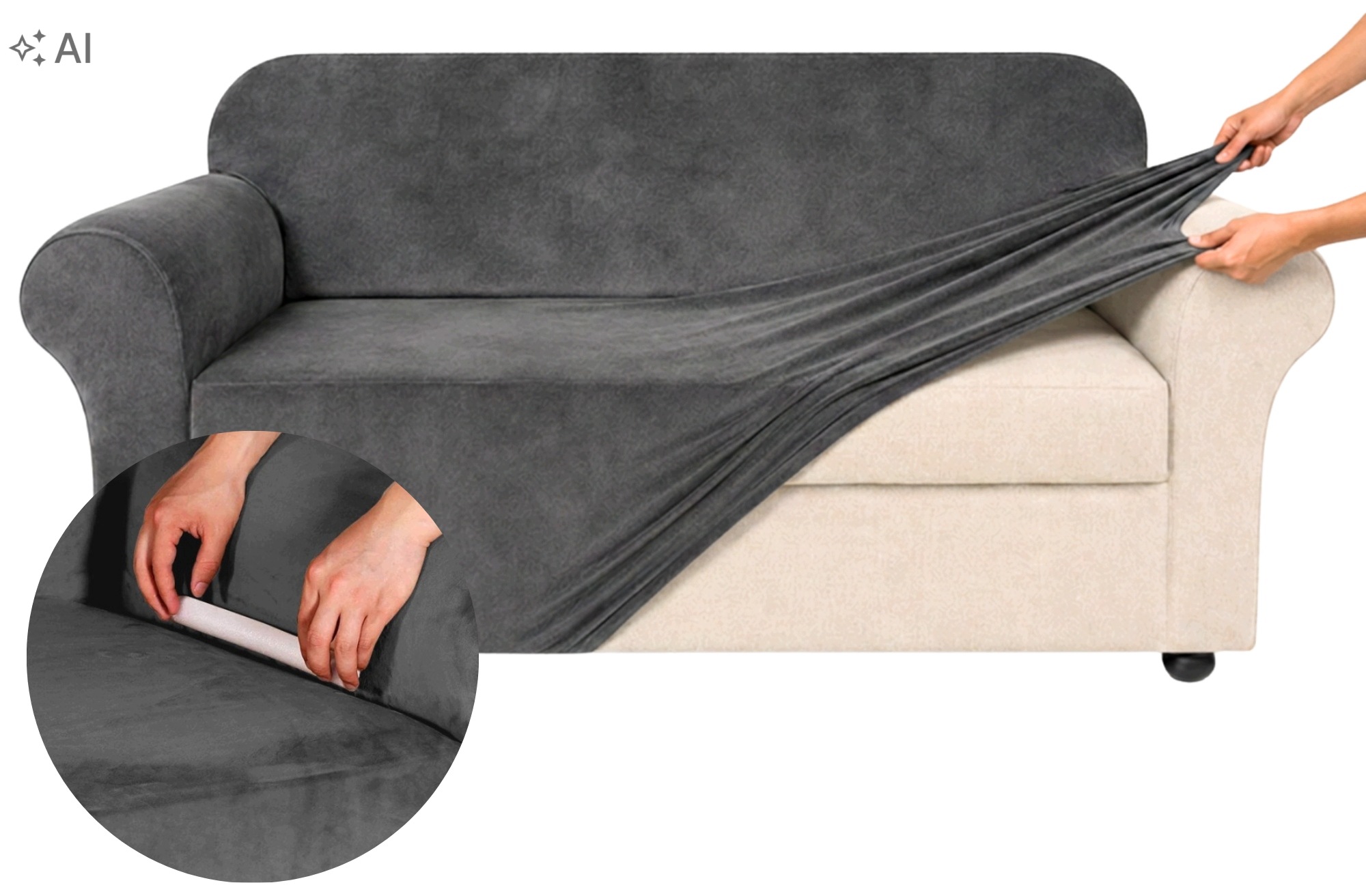 Potah Na Pohovku Rohová Pohovka Šedý Velur Pro 4 Osoby 235-300 CM Univerzální